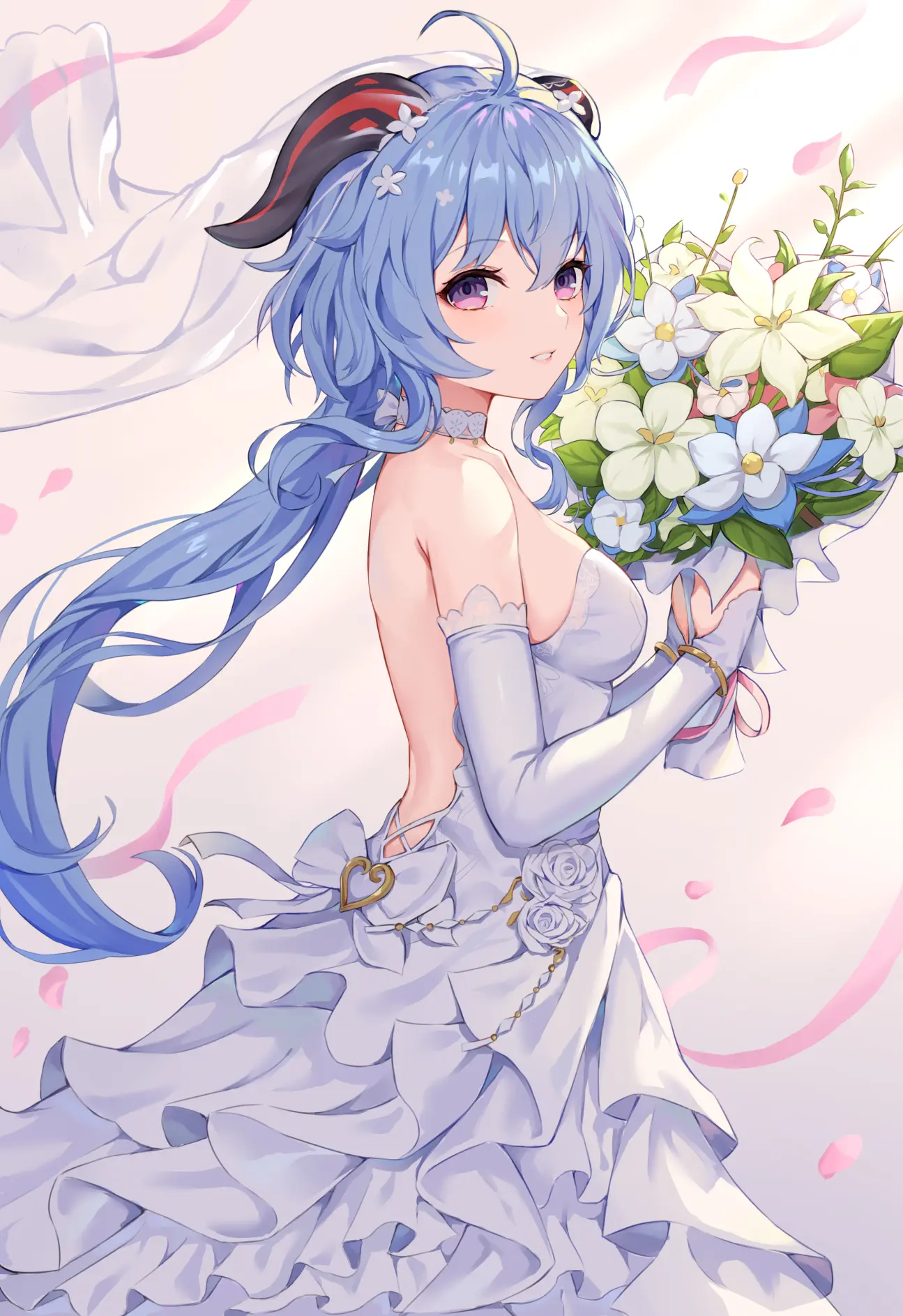 Ganyu in a Wedding Dress Holding Flowers HD Phone Wallpaper