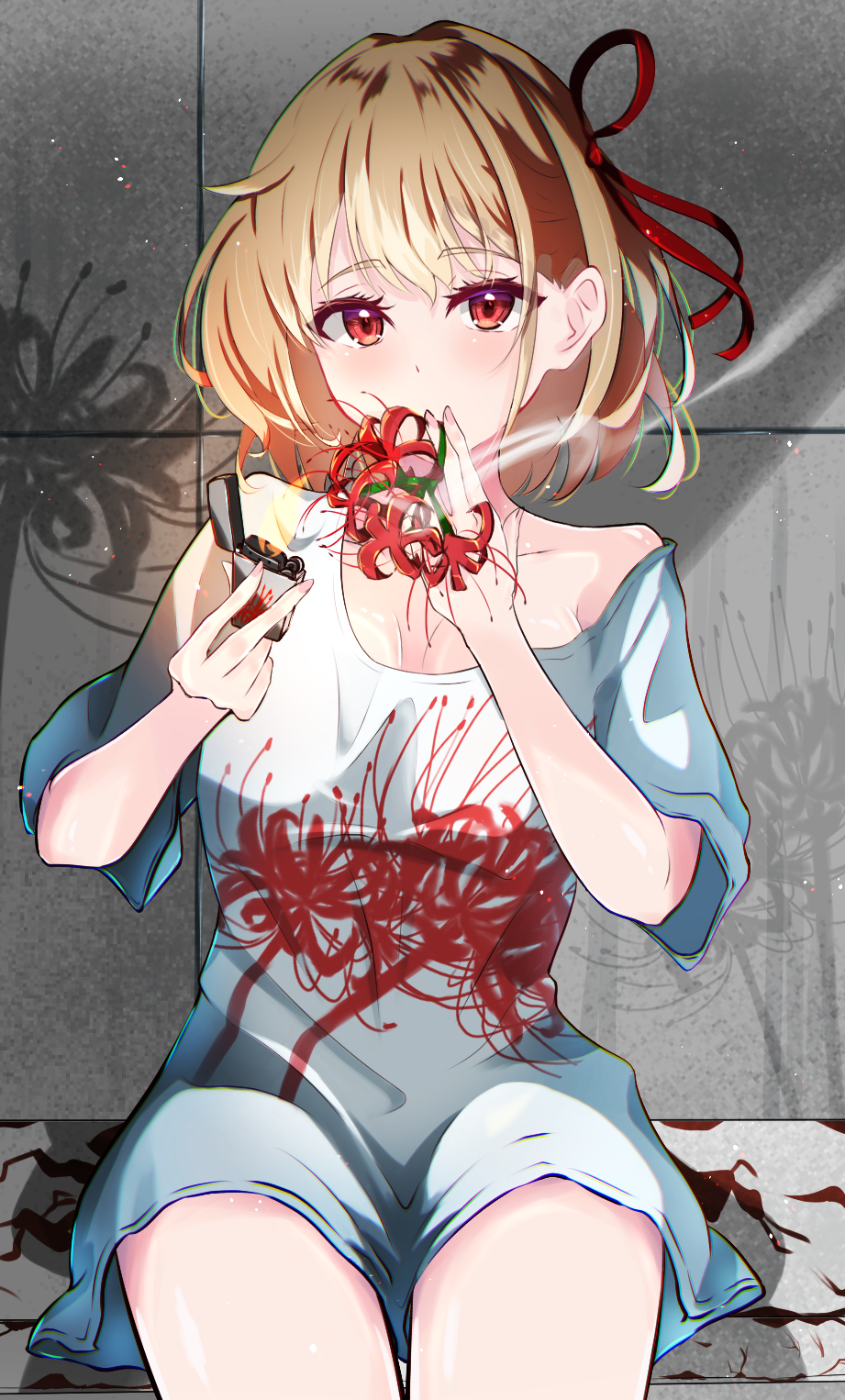 Nishikigi Chisato from Lycoris Recoil holding flowers HD Phone Wallpaper