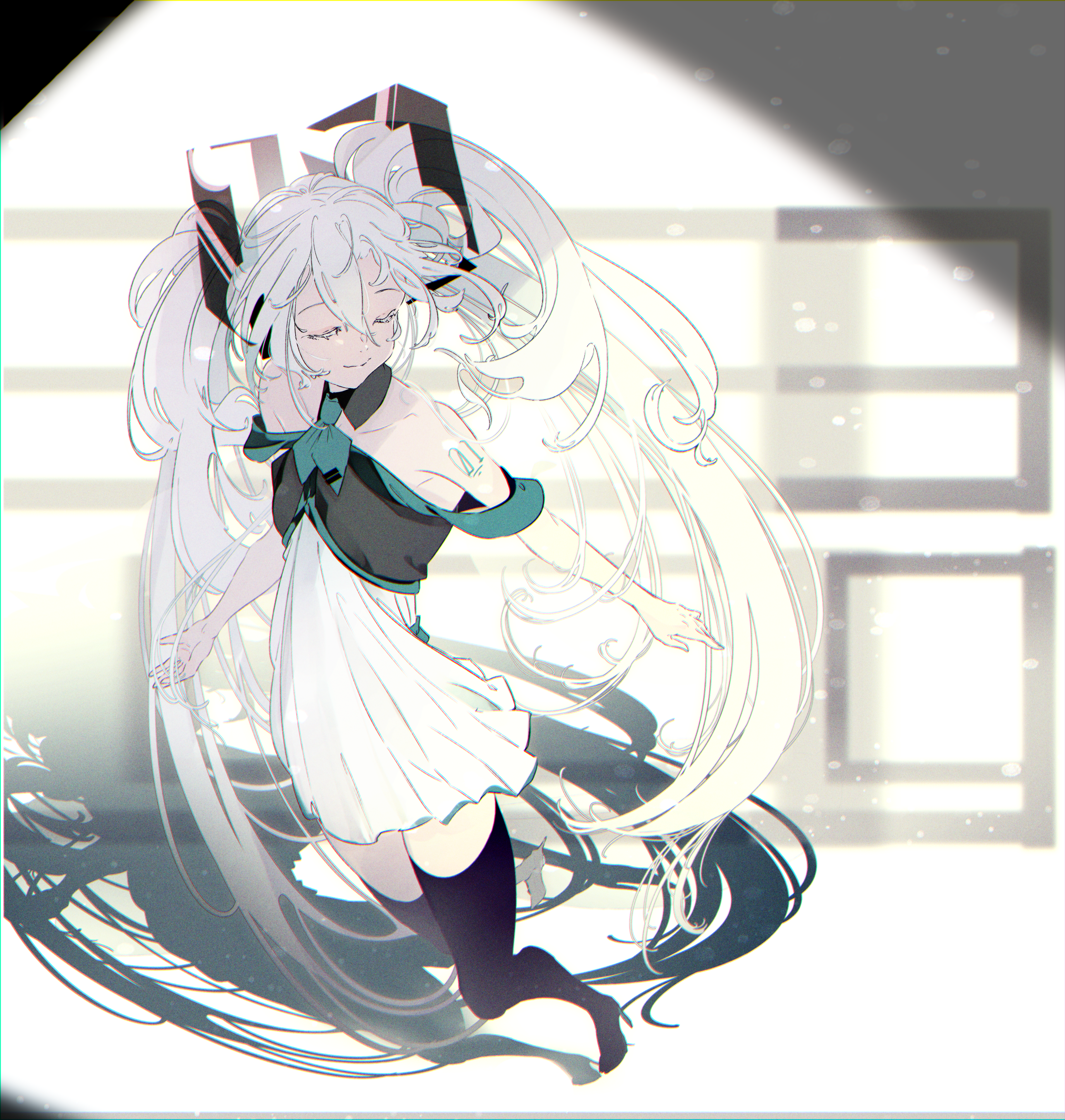 Hatsune Miku with long white twintails and thigh-highs HD Wallpaper