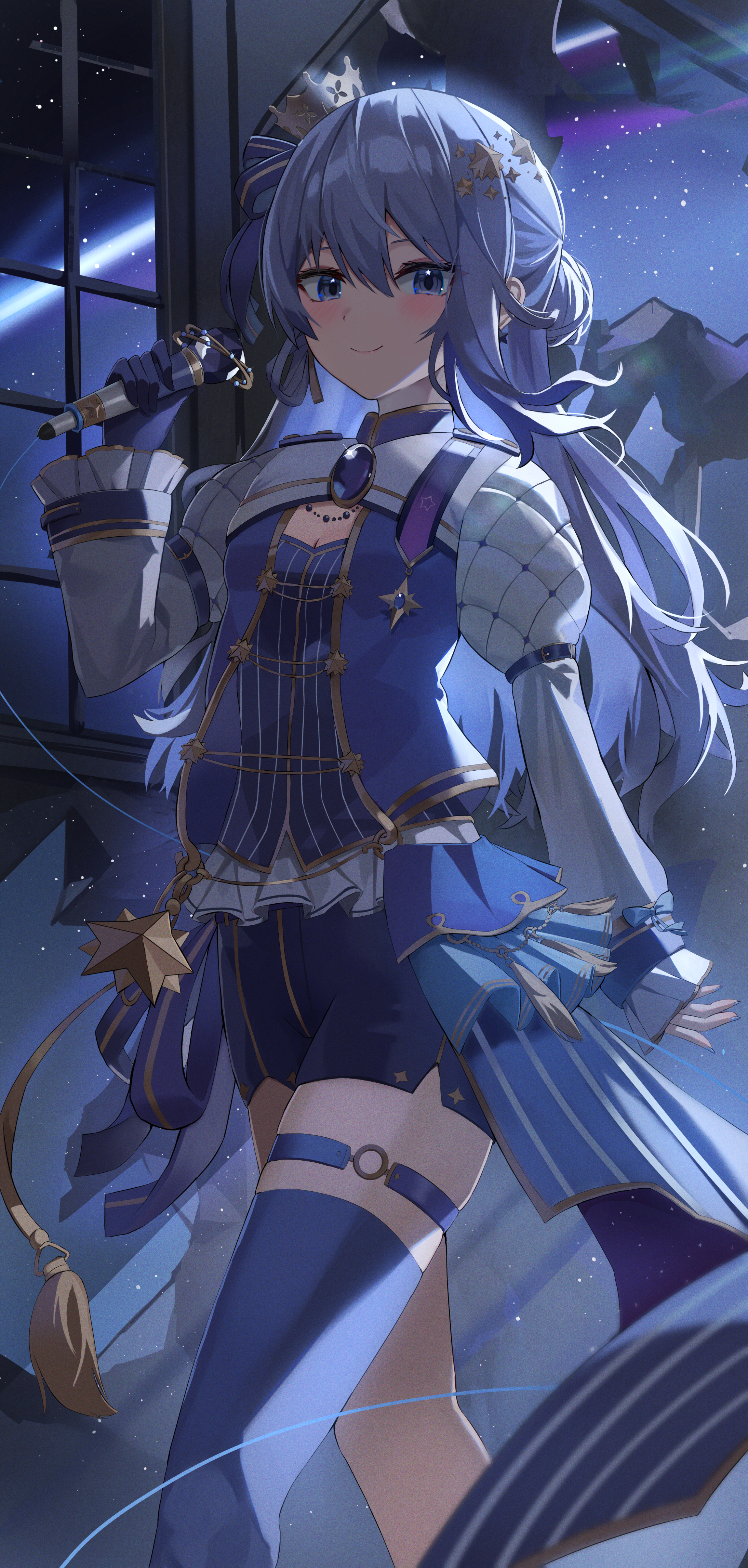 Hoshimachi Suisei in a blue idol outfit with stars HD Phone Wallpaper