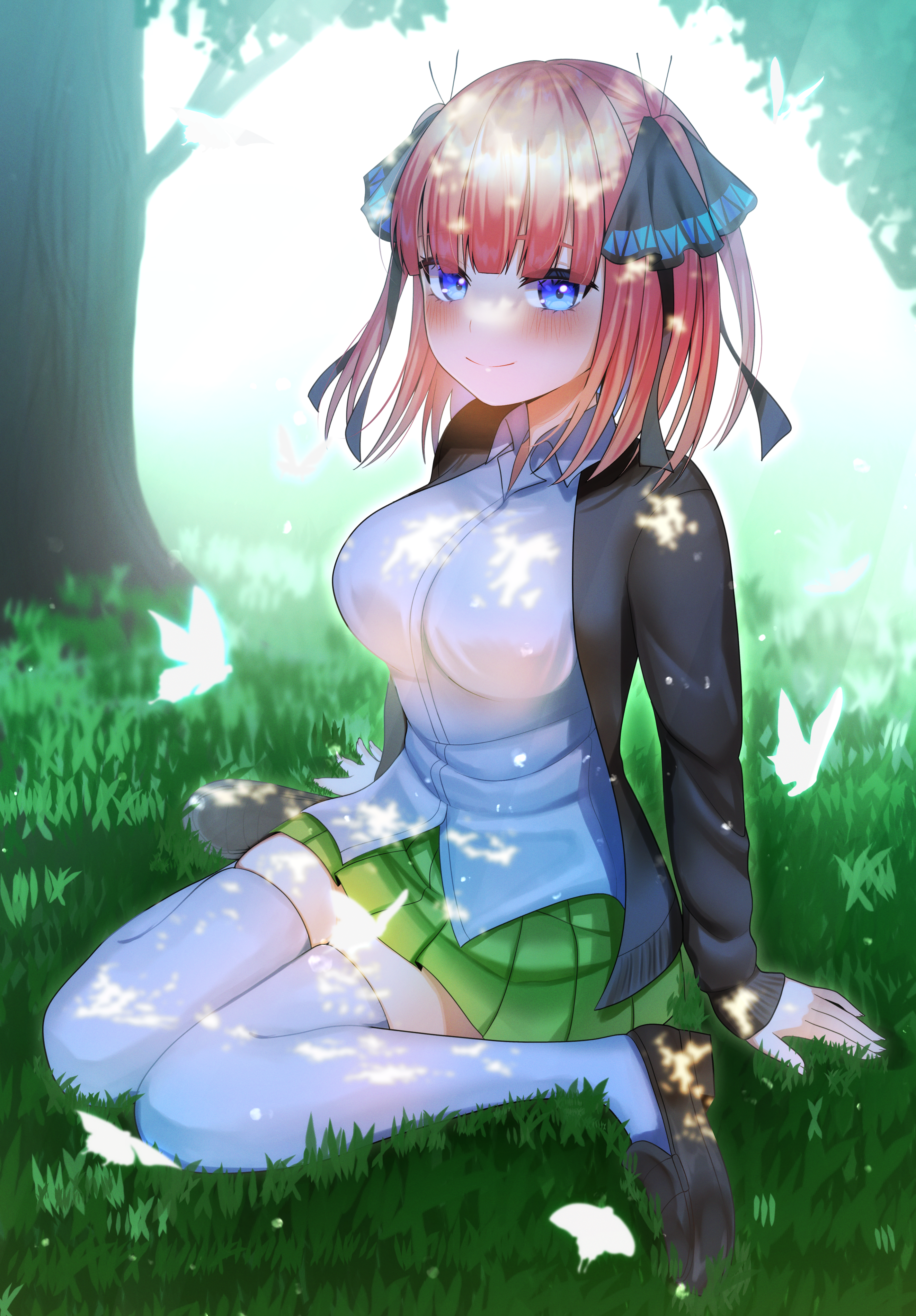 Nino Nakano sitting in a grassy field with butterflies HD Phone Wallpaper