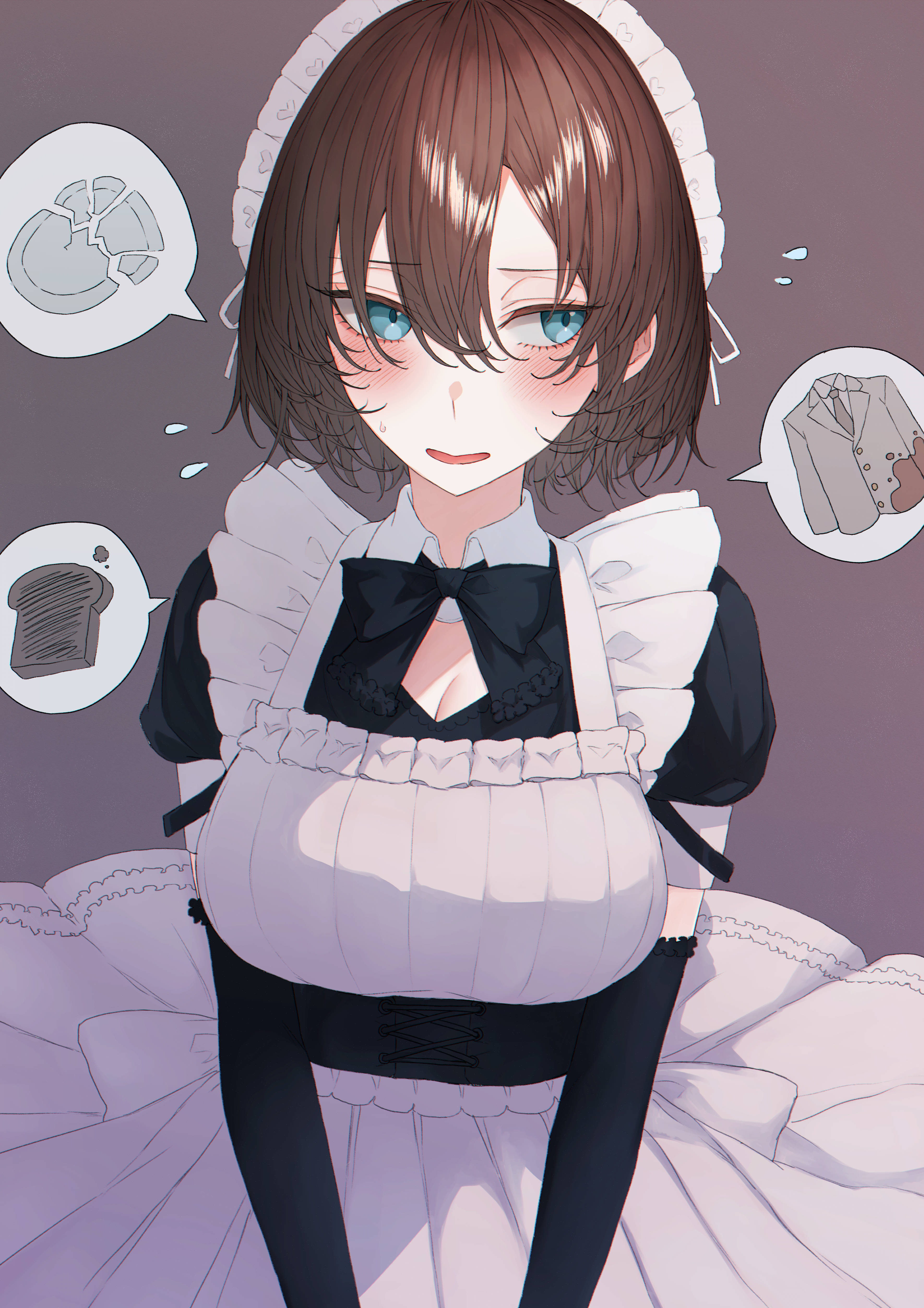 Anime girl in maid outfit with broken plate and burnt toast HD Phone Wallpaper