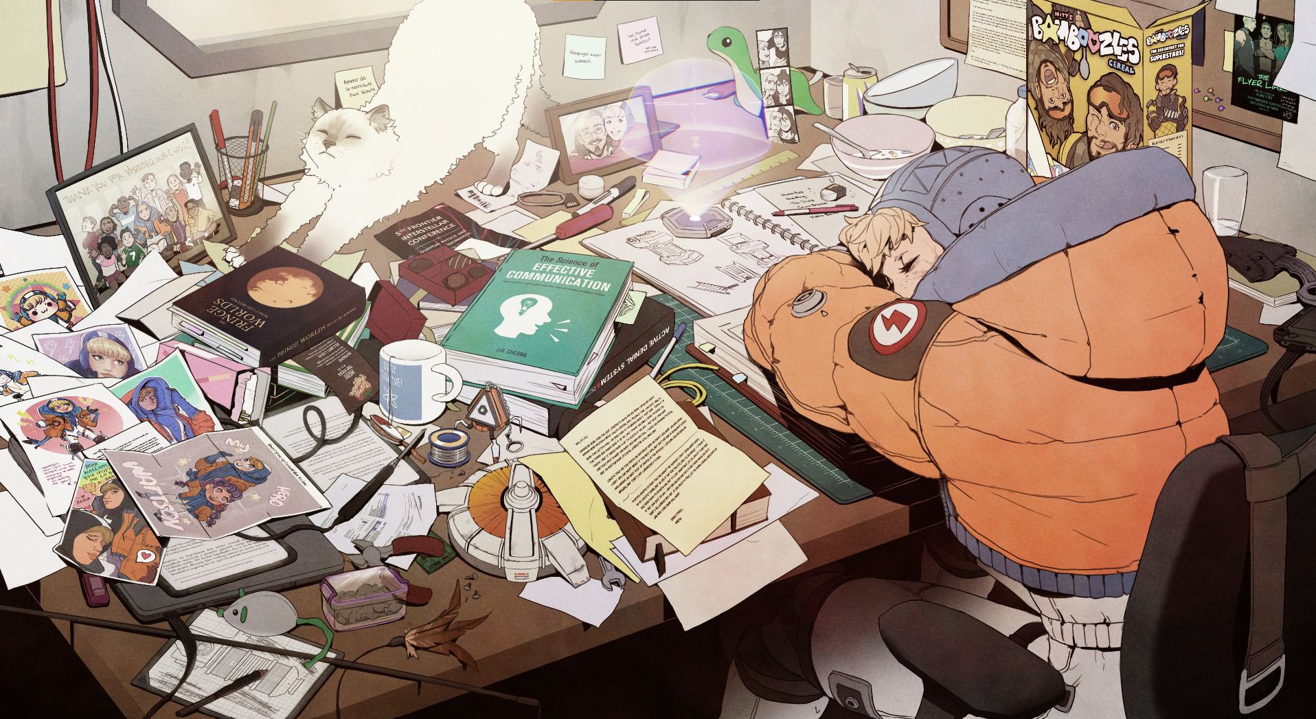 Wattson sleeping at a messy desk with a cat HD Wallpaper
