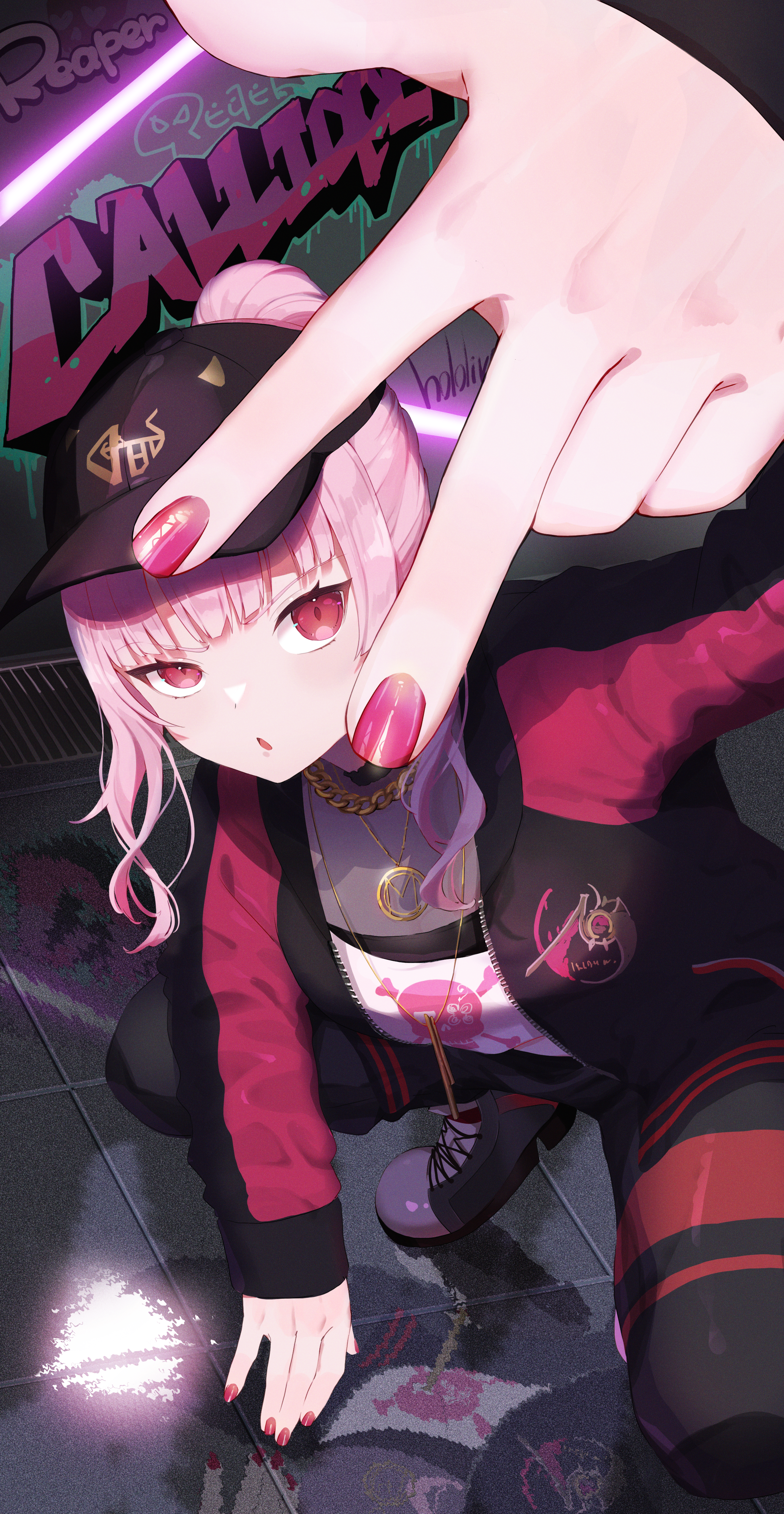 Mori Calliope squatting with hand in front of face HD Phone Wallpaper