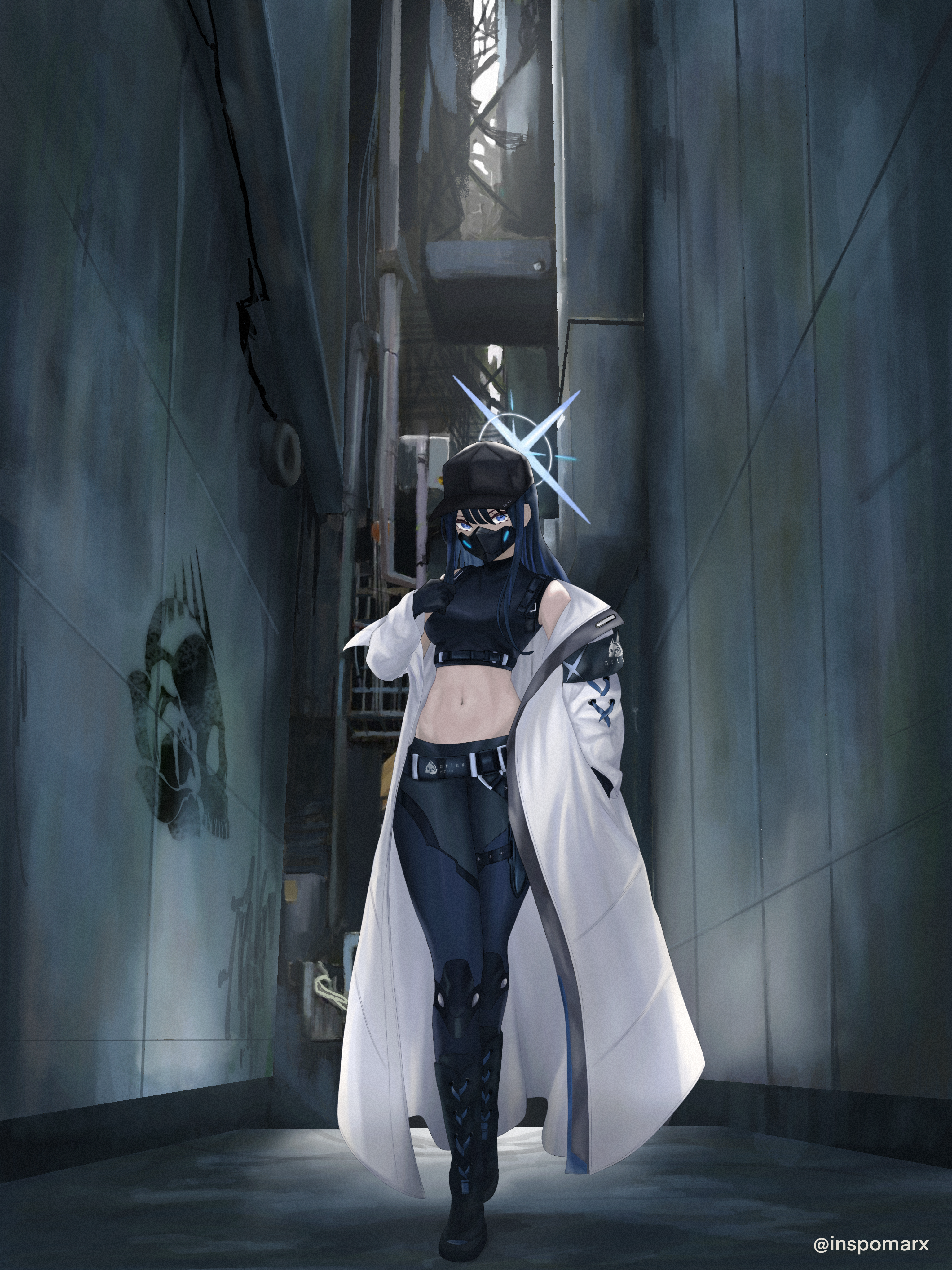 Girl in lab coat and mask in alley HD Phone Wallpaper