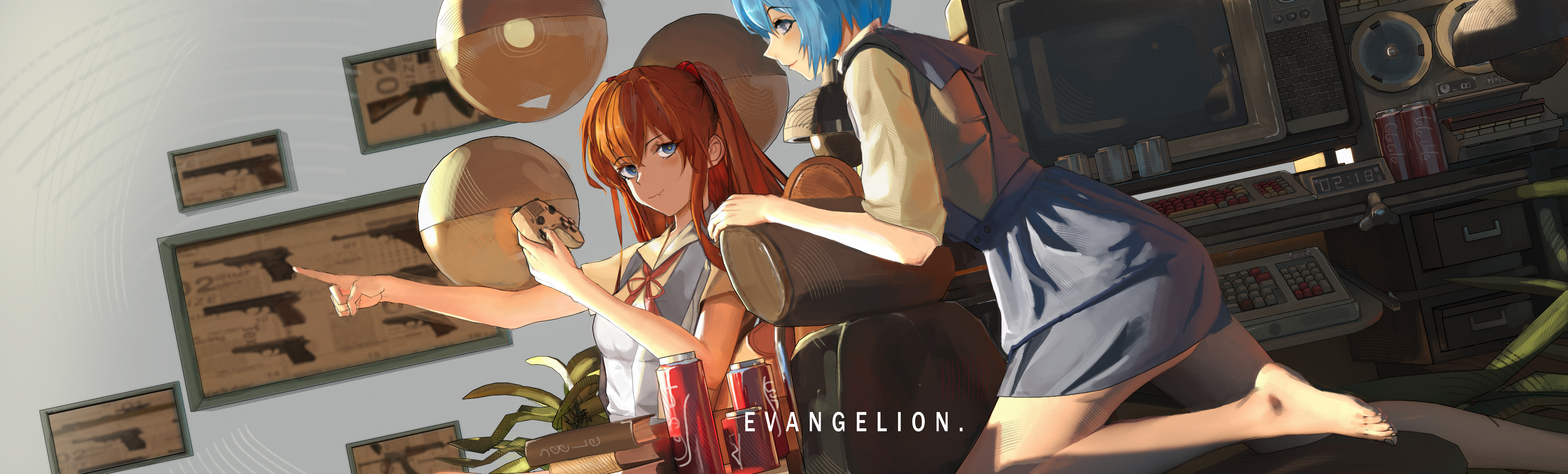 Asuka and Rei from Evangelion in a room HD Wallpaper