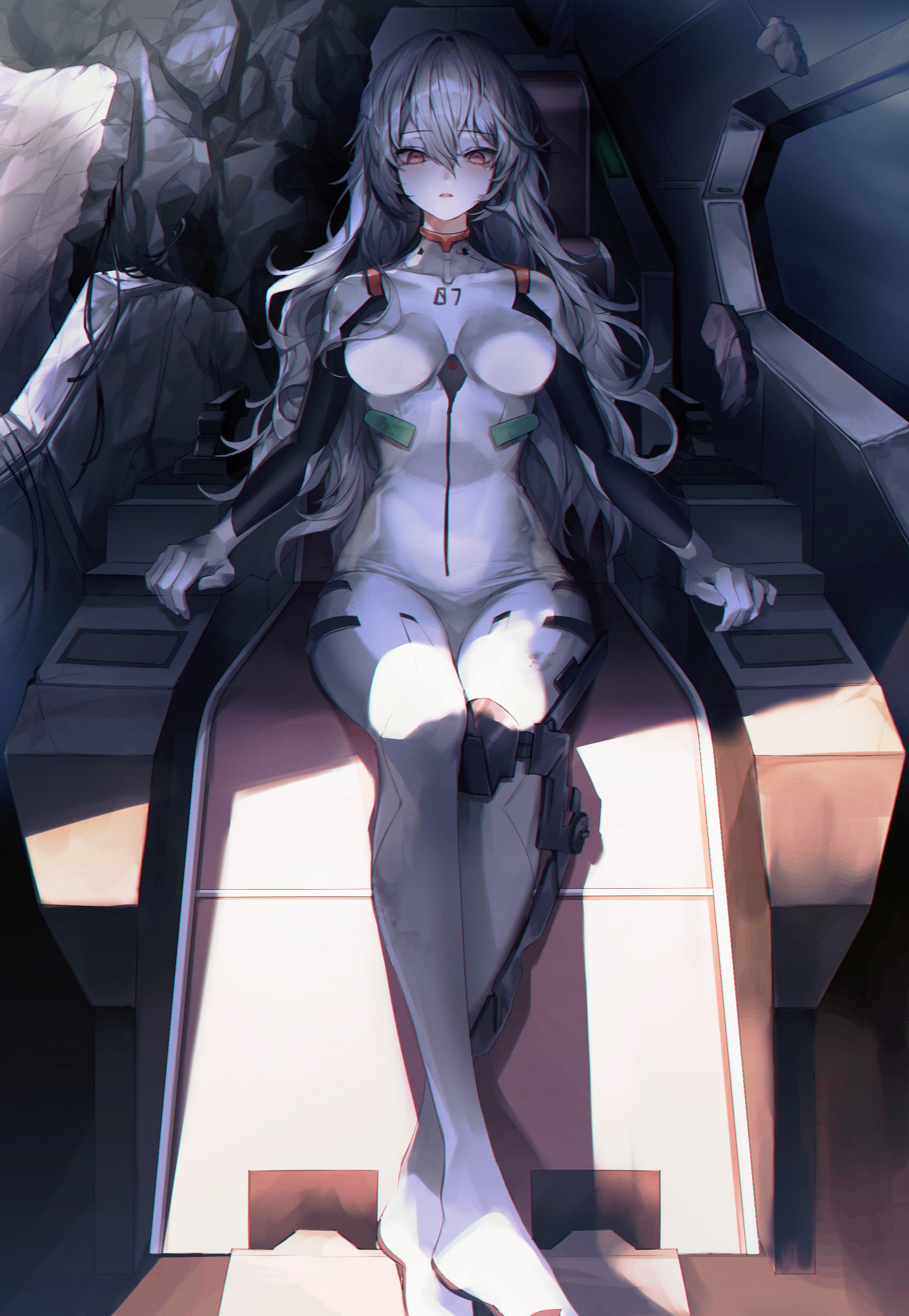 Ayanami Rei in a white bodysuit in a cockpit HD Phone Wallpaper