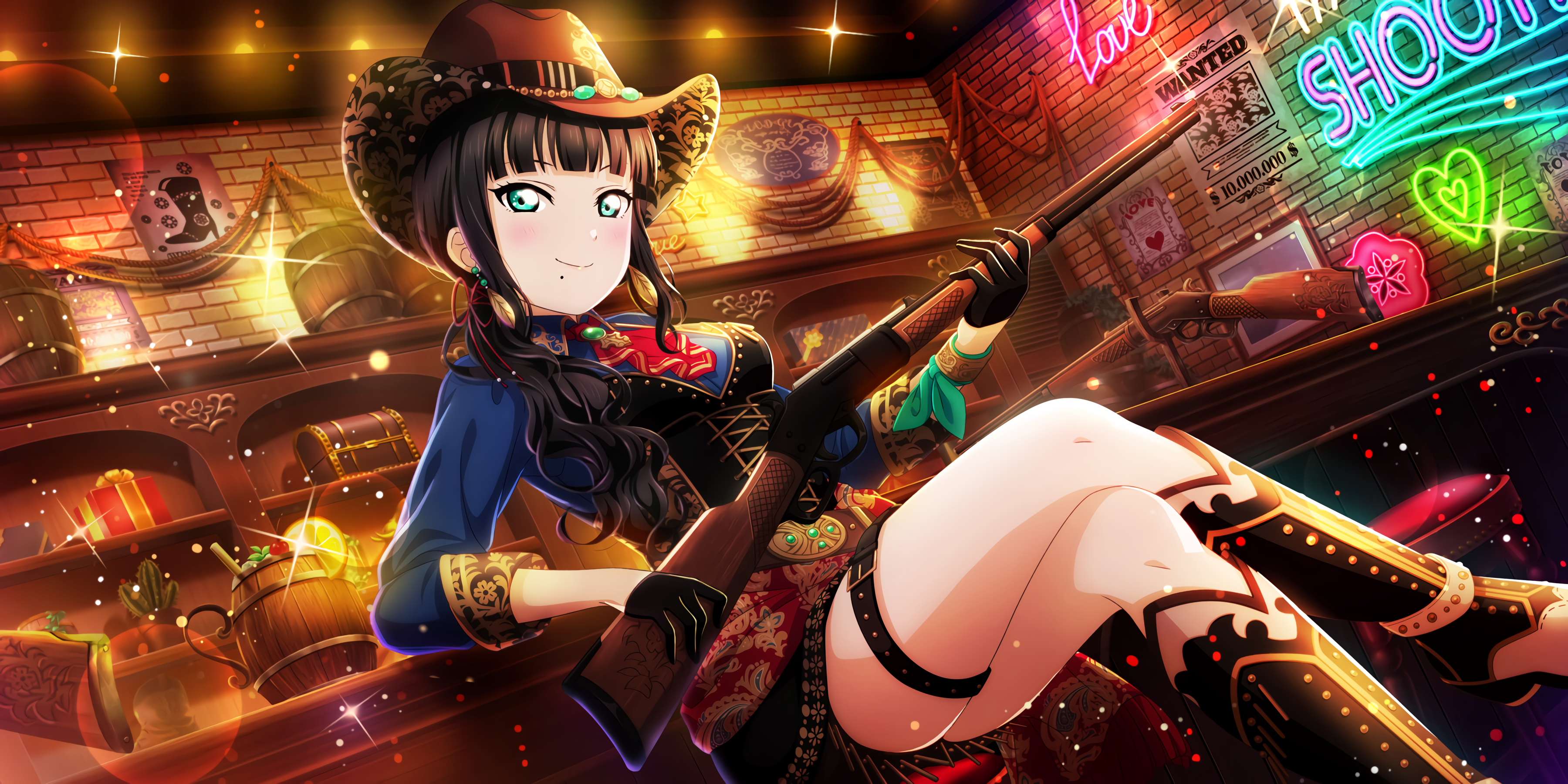 Kurosawa Dia with a shotgun in a saloon HD Wallpaper