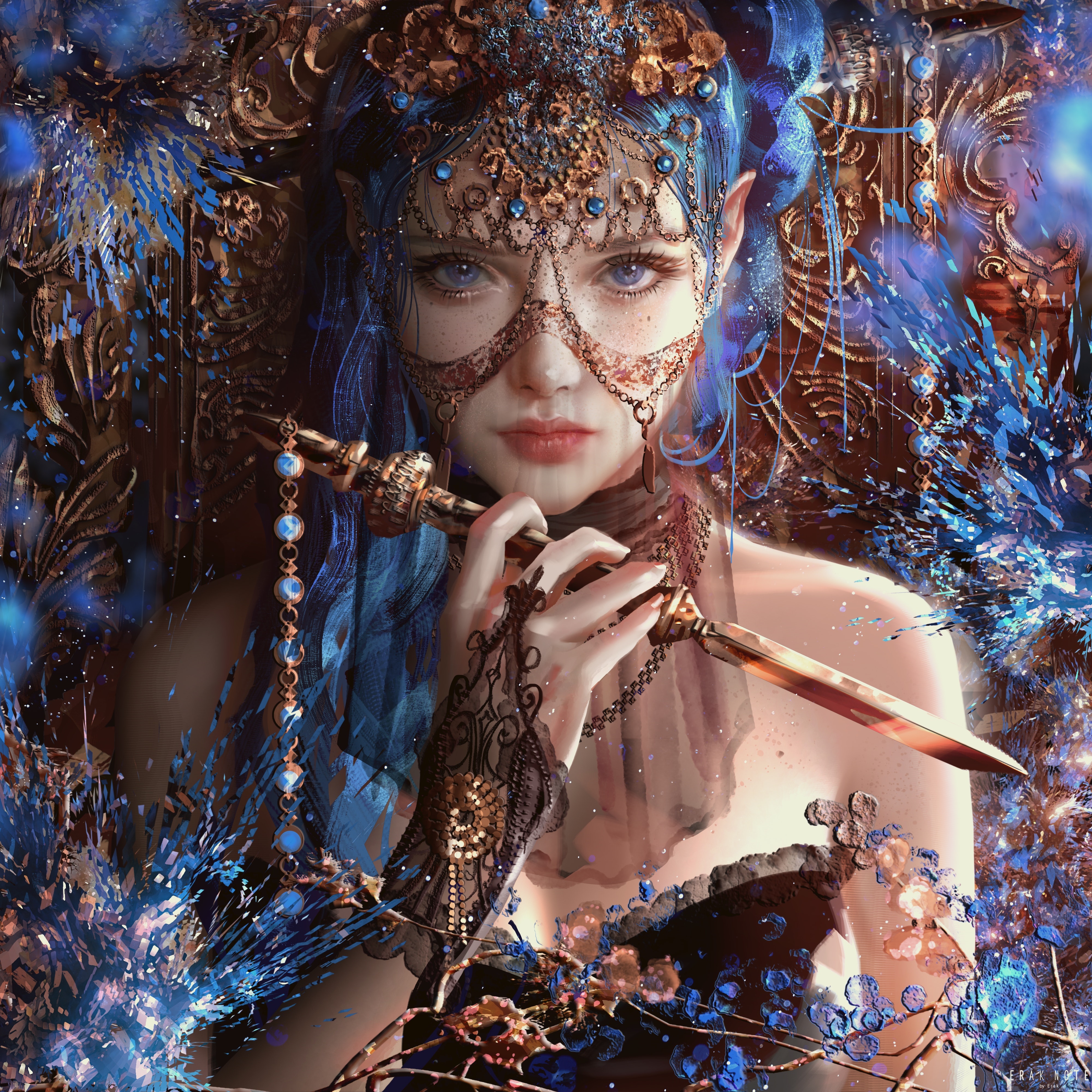 Fantasy girl with blue hair and knife HD Wallpaper
