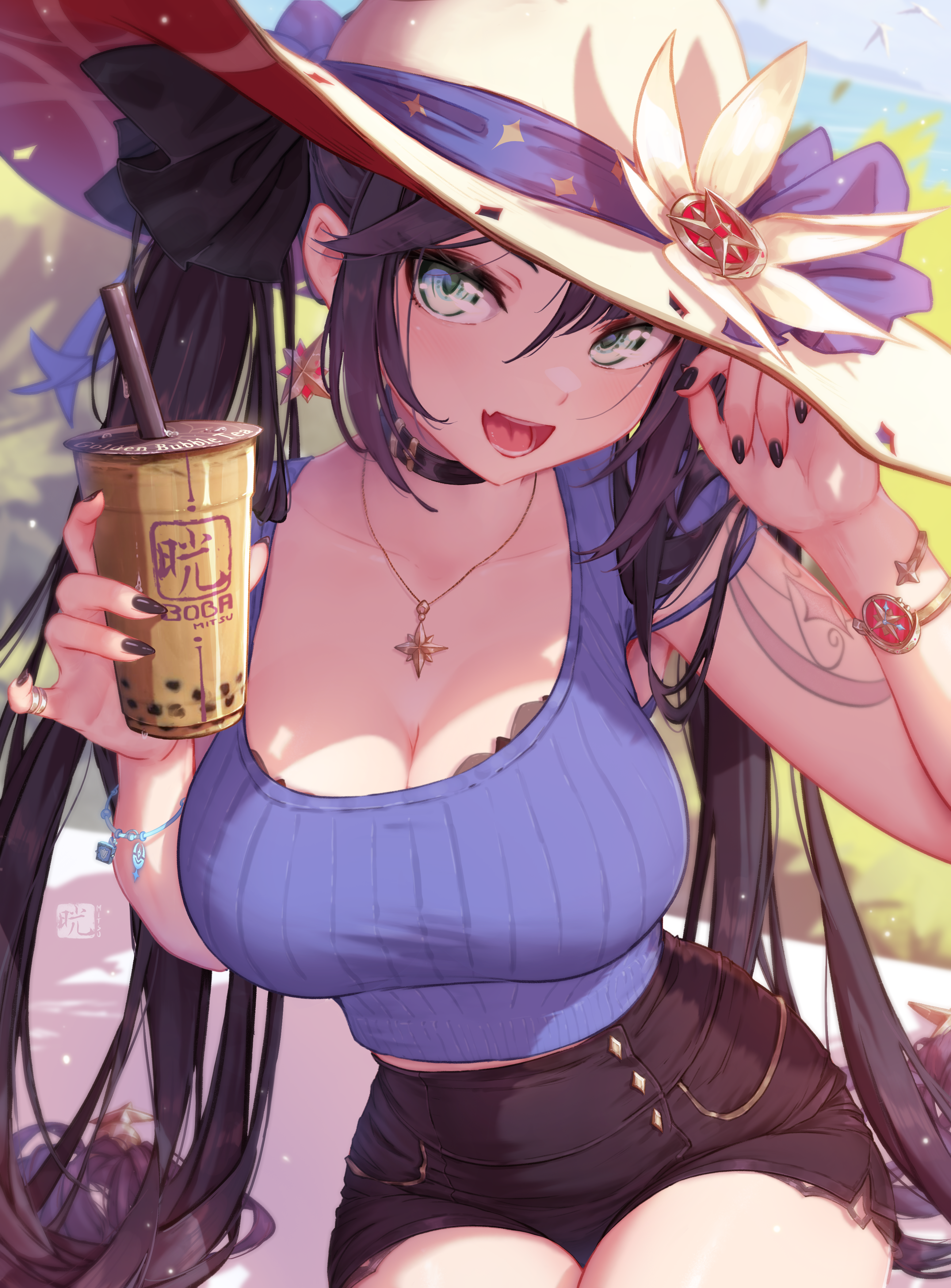 Mona from Genshin Impact holding a boba drink HD Phone Wallpaper
