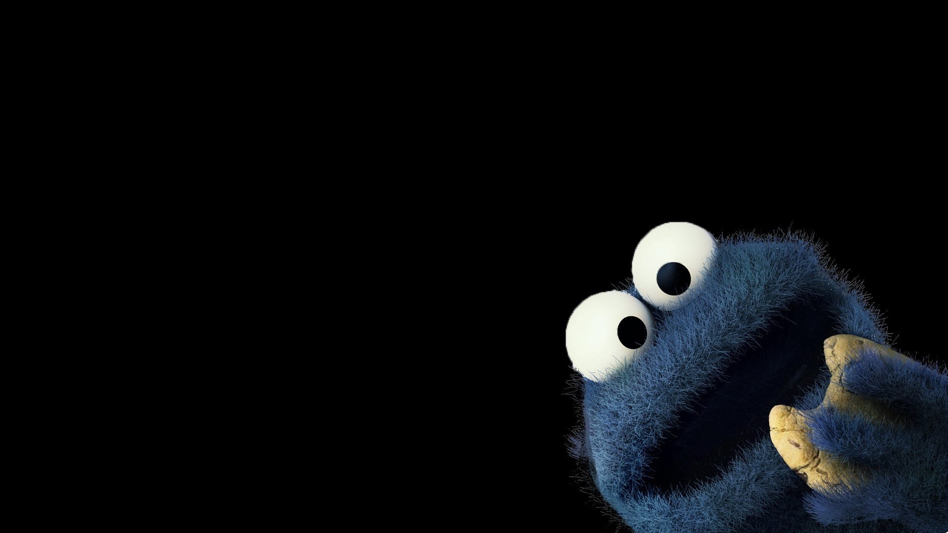 Cookie Monster eating a cookie on a black background HD Wallpaper