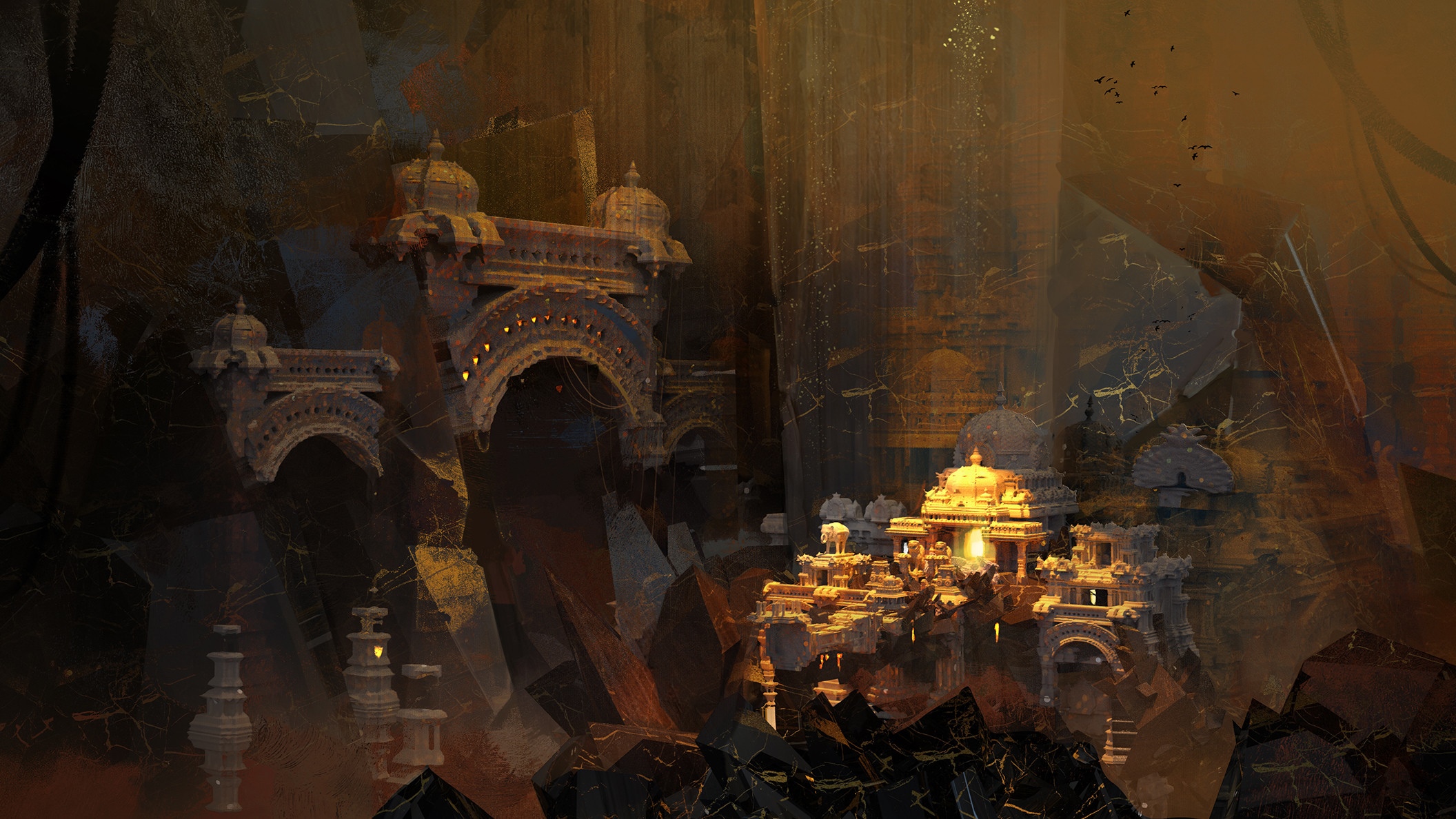 Ancient ruins with golden temple in a cavern HD Wallpaper