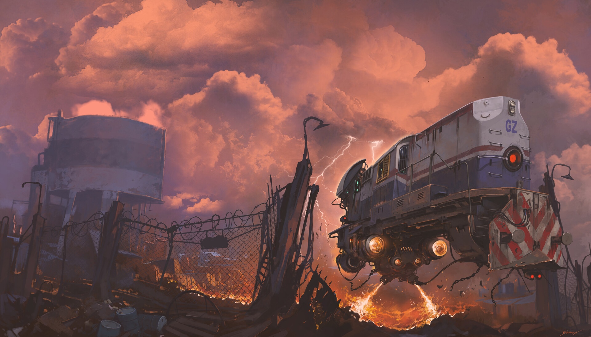 Futuristic train in a post-apocalyptic landscape HD Wallpaper