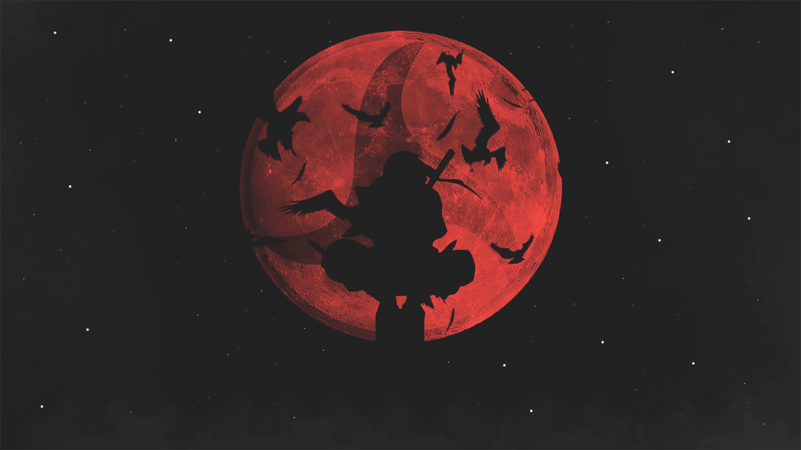 Itachi Uchiha Silhouette with Sharingan Moon and Ravens HD Wallpaper