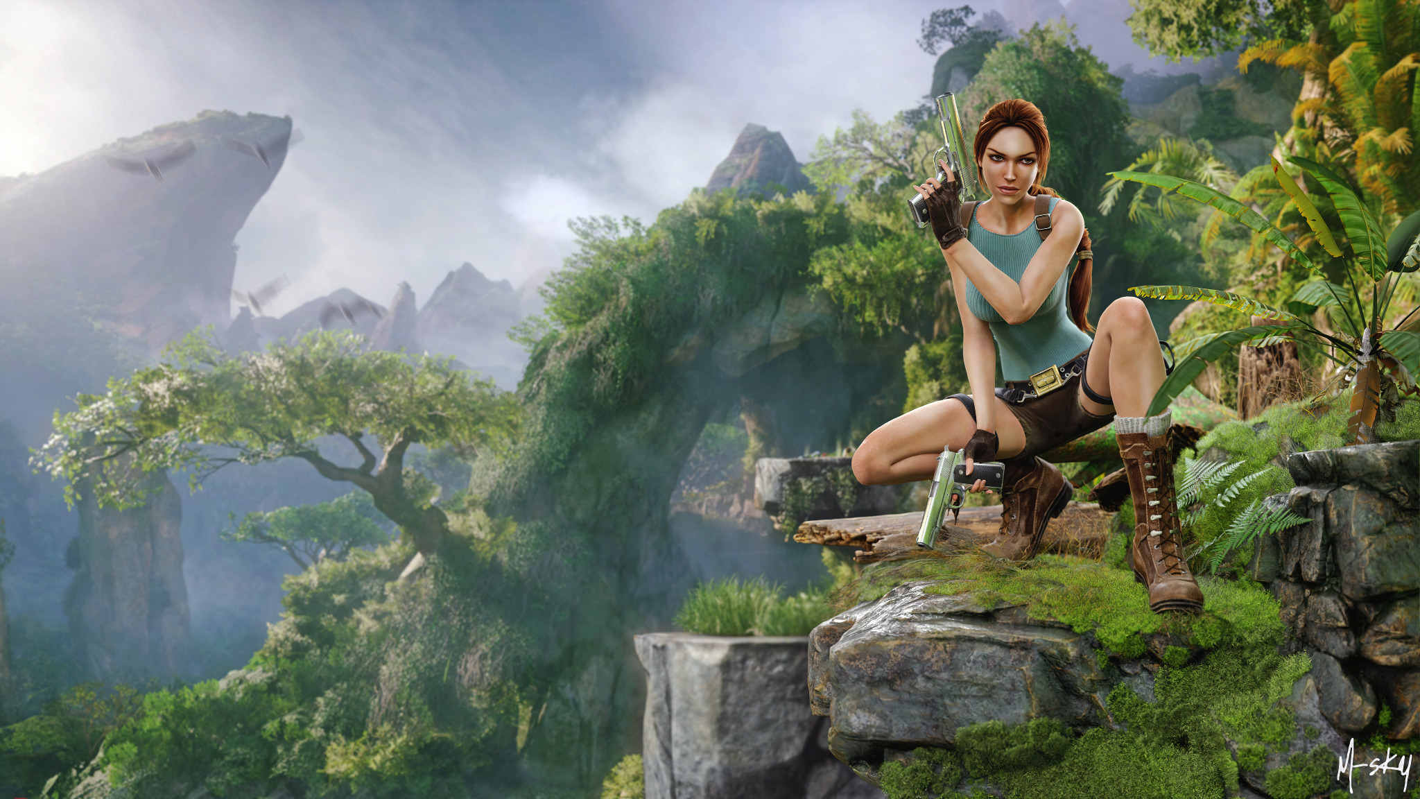 Lara Croft with guns in a jungle HD Wallpaper