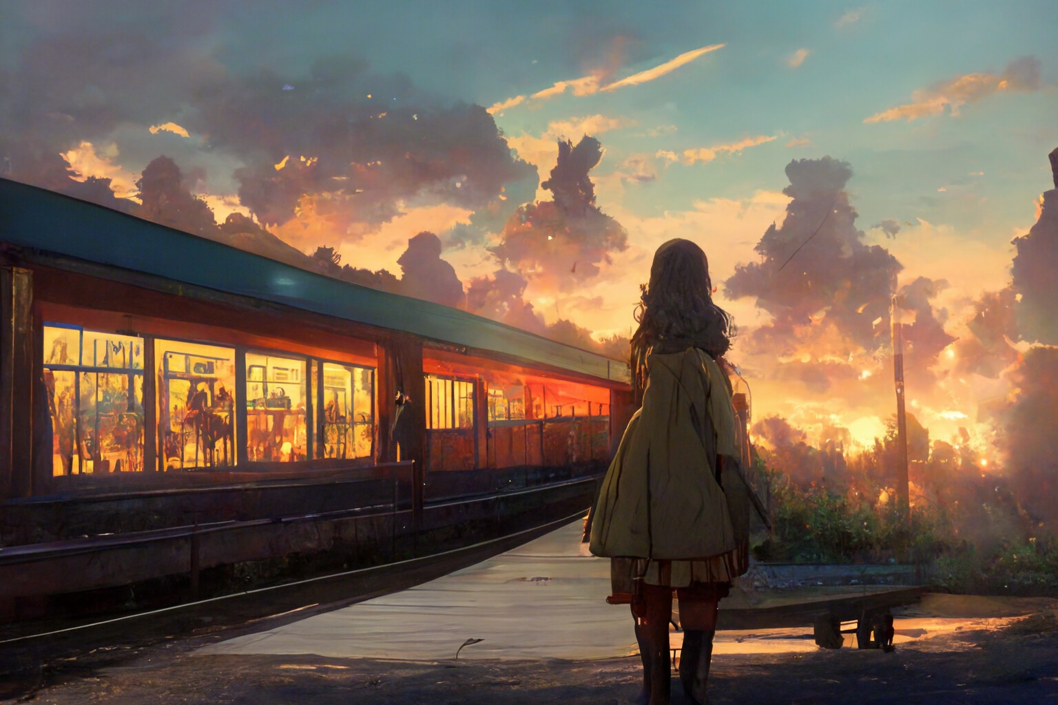 Girl at train station during sunset HD Wallpaper