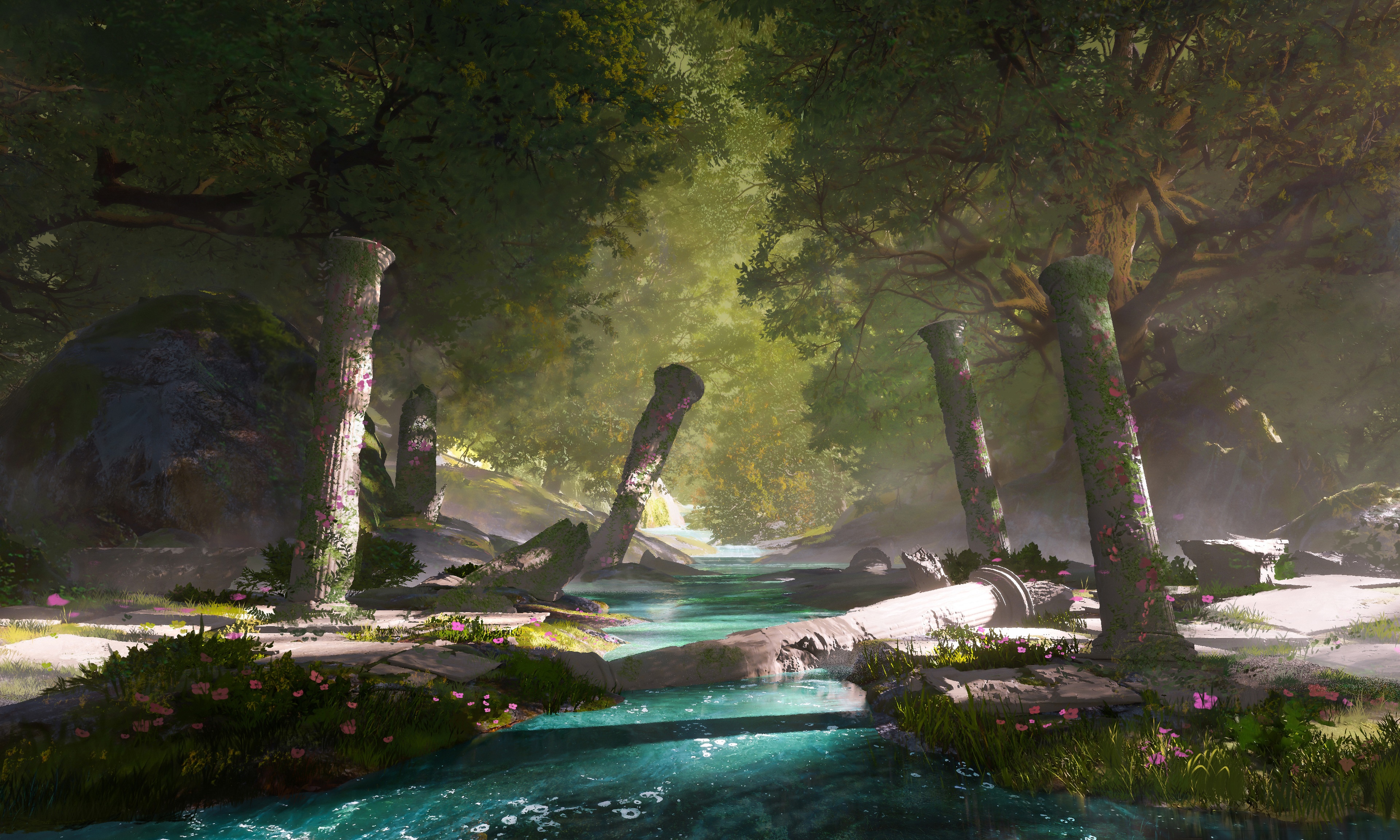 4K fantasy art of ancient ruins in a forest by Rutger van de Steeg HD Wallpaper