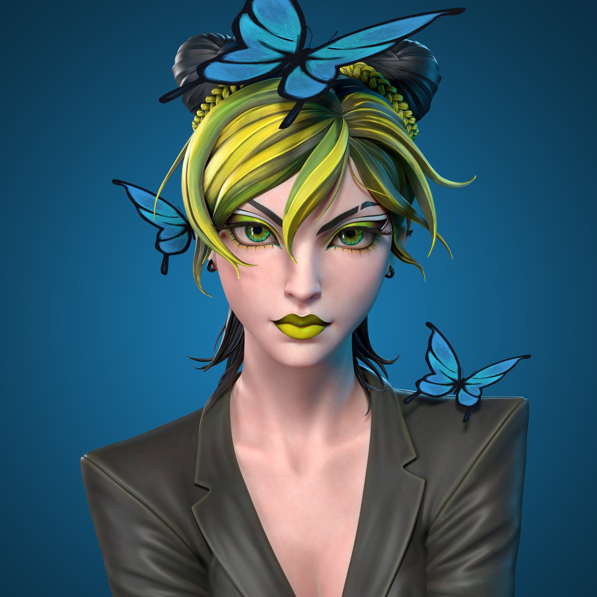 Jolyne Cujoh with Blue Butterflies HD Wallpaper