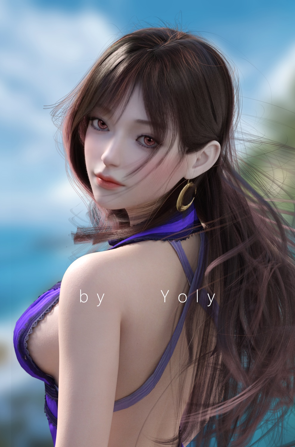 Fantasy girl with sideboob in purple bikini HD Phone Wallpaper
