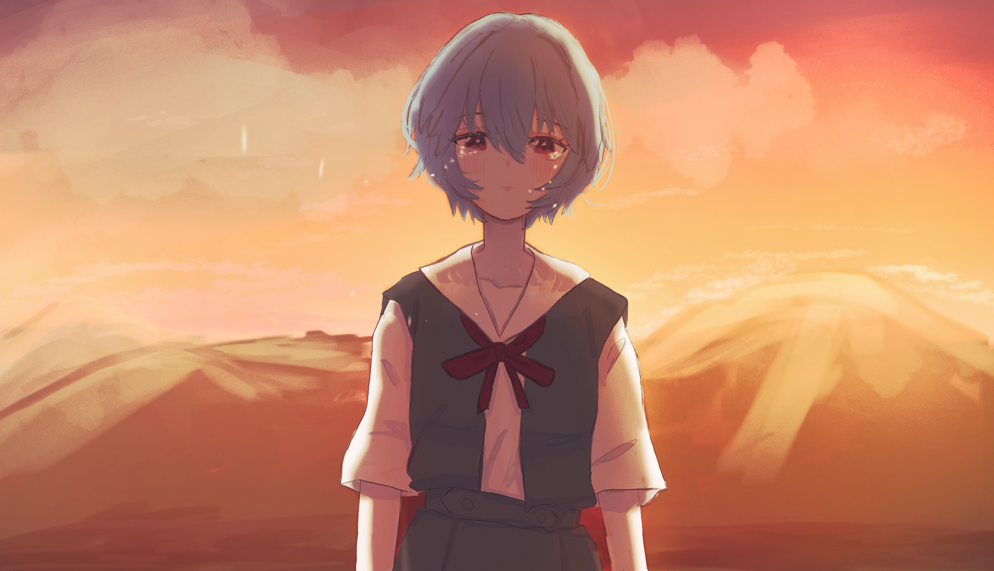 Ayanami Rei in a school uniform with tears HD Wallpaper