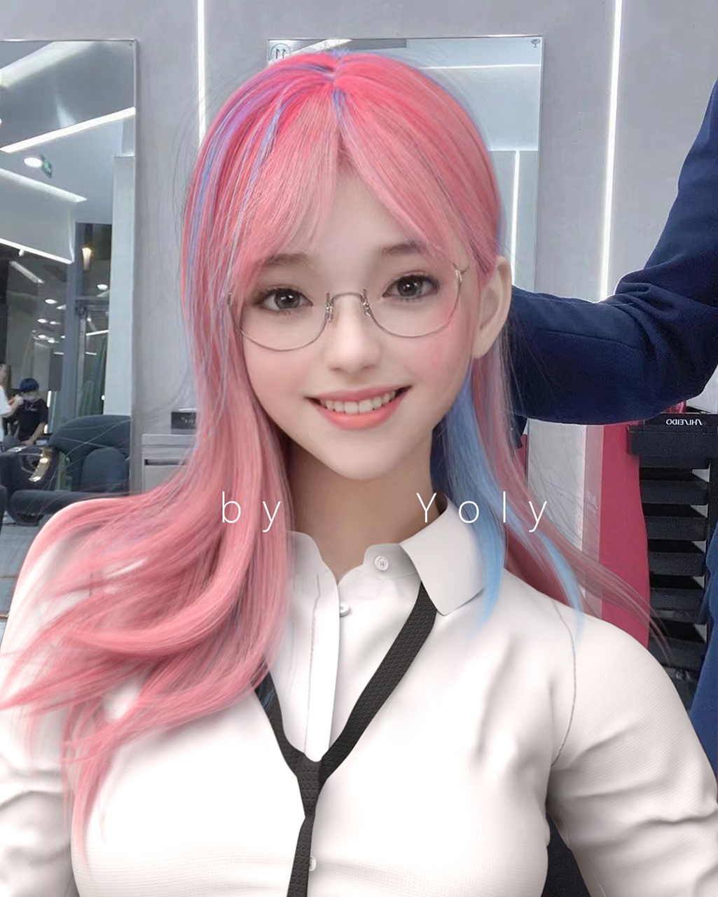 Asian schoolgirl with two-tone hair and glasses HD Phone Wallpaper