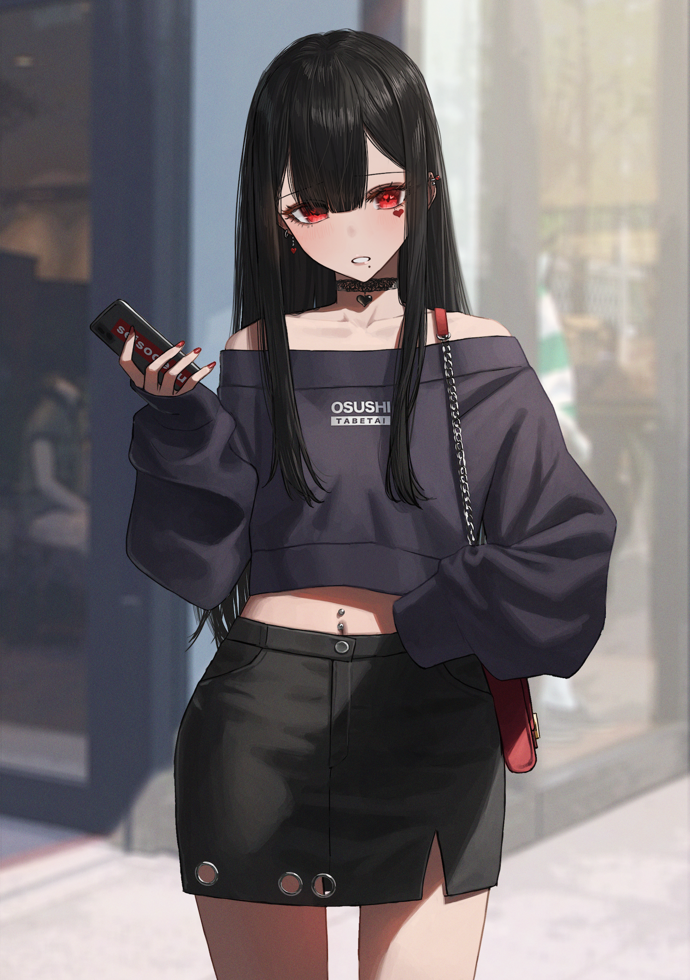 Girl with red eyes holding a phone HD Phone Wallpaper