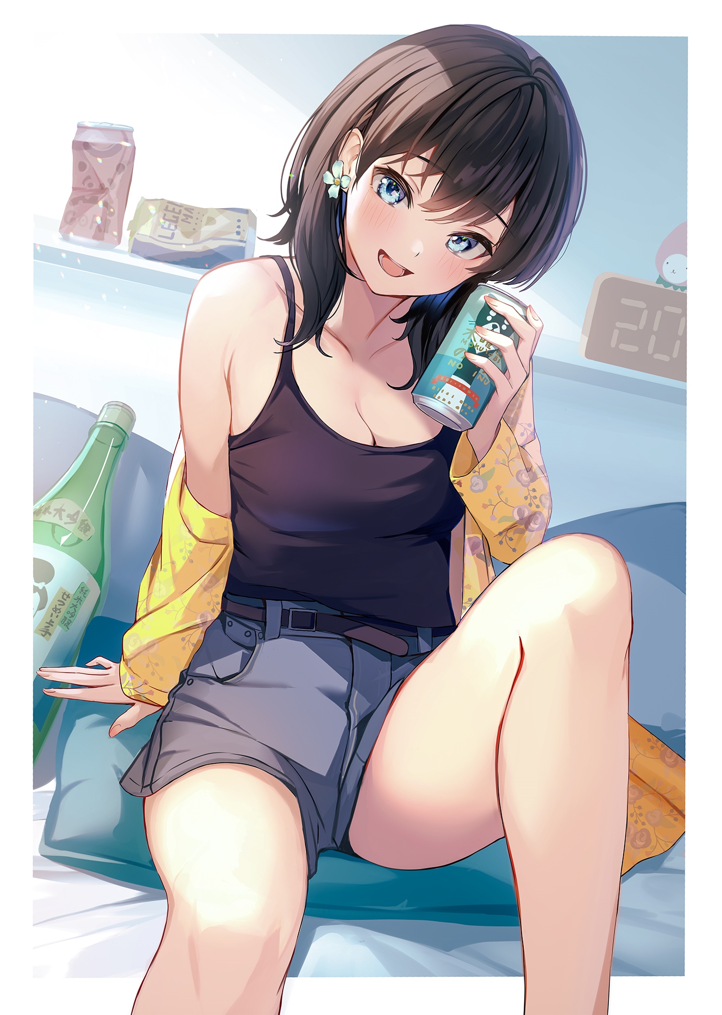 Anime girl in shorts holding a drink HD Phone Wallpaper