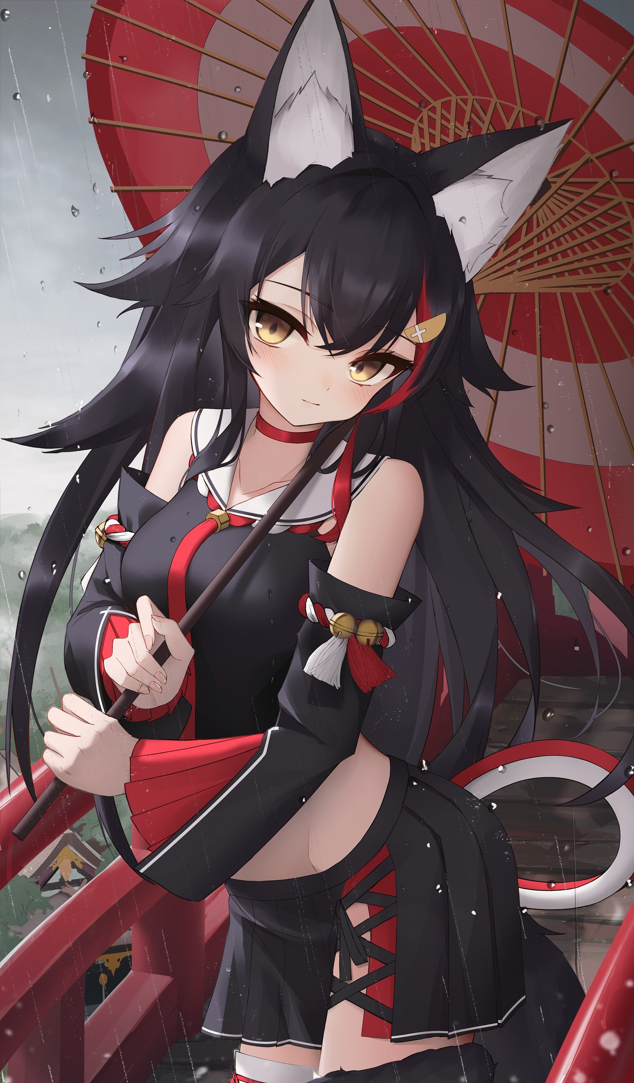 Ookami Mio holding a red umbrella in the rain HD Phone Wallpaper
