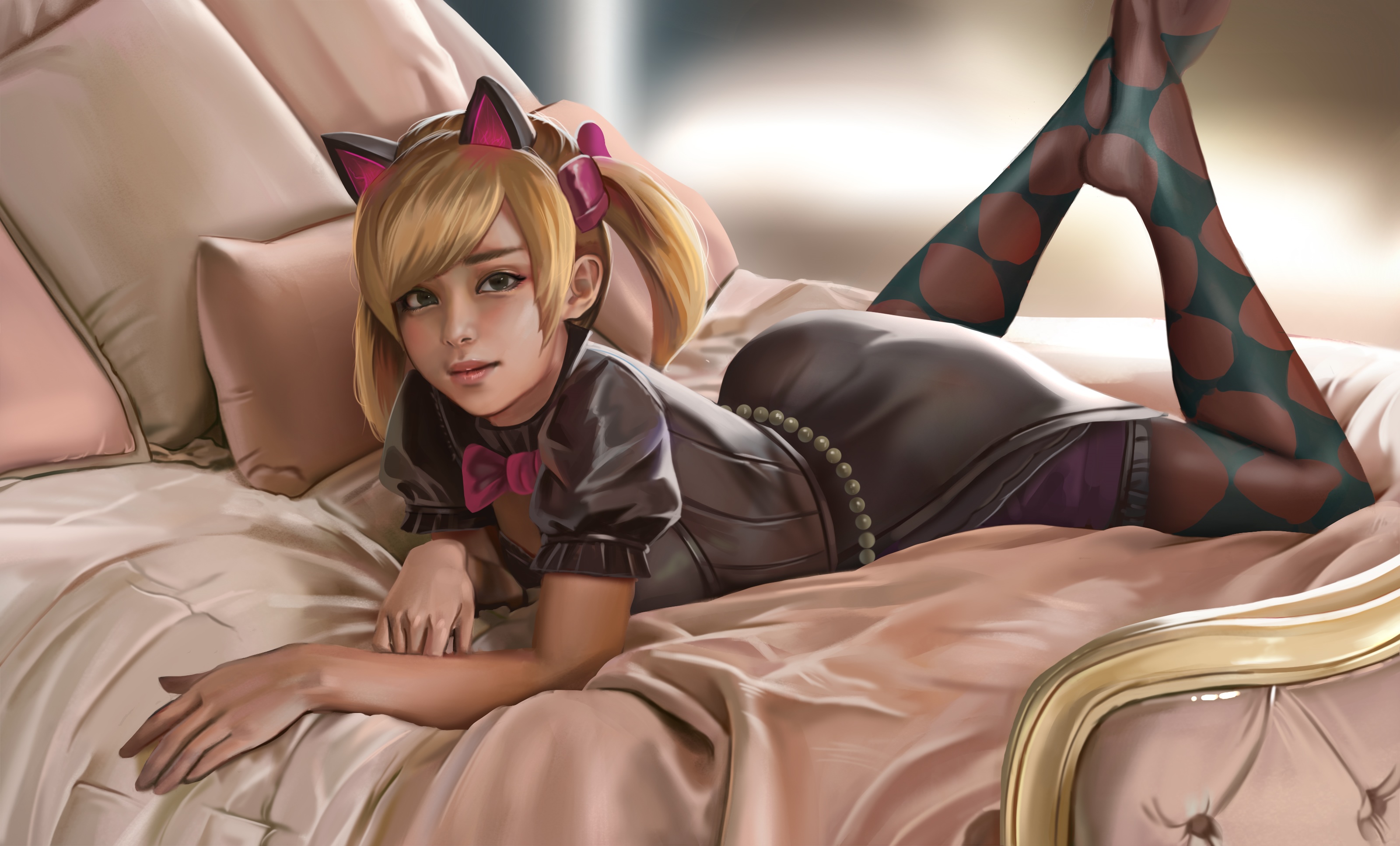 D.Va in a cat-ear outfit lying on a bed HD Wallpaper