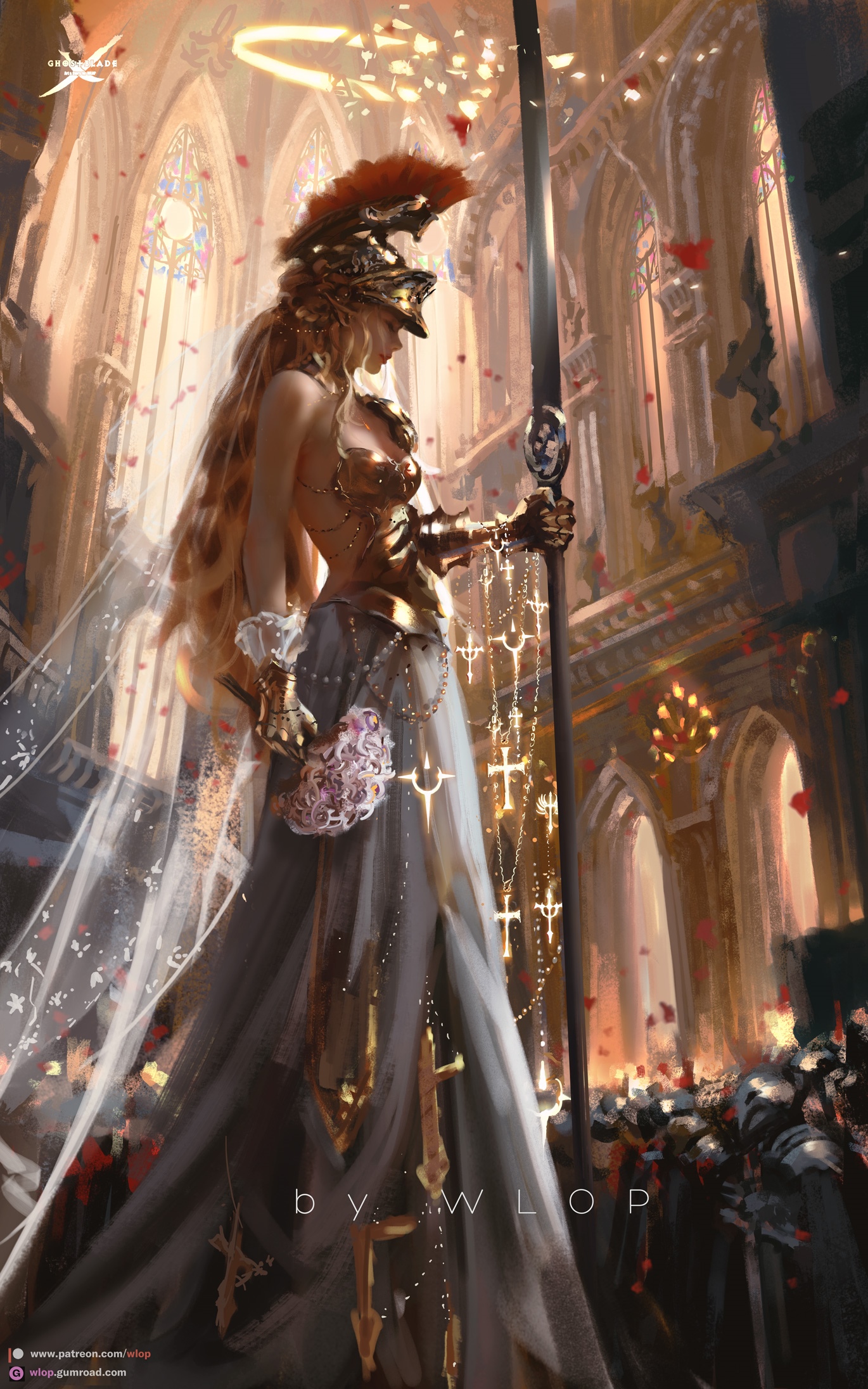 Sarlia in Golden Armor Holding a Spear in a Church HD Phone Wallpaper
