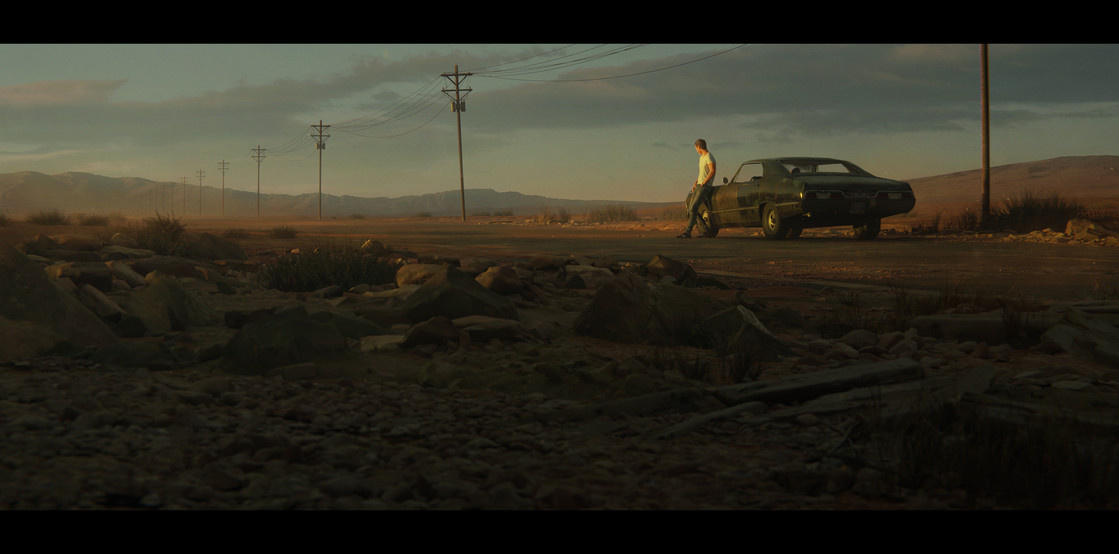 Man leaning on a car in a desert landscape HD Wallpaper