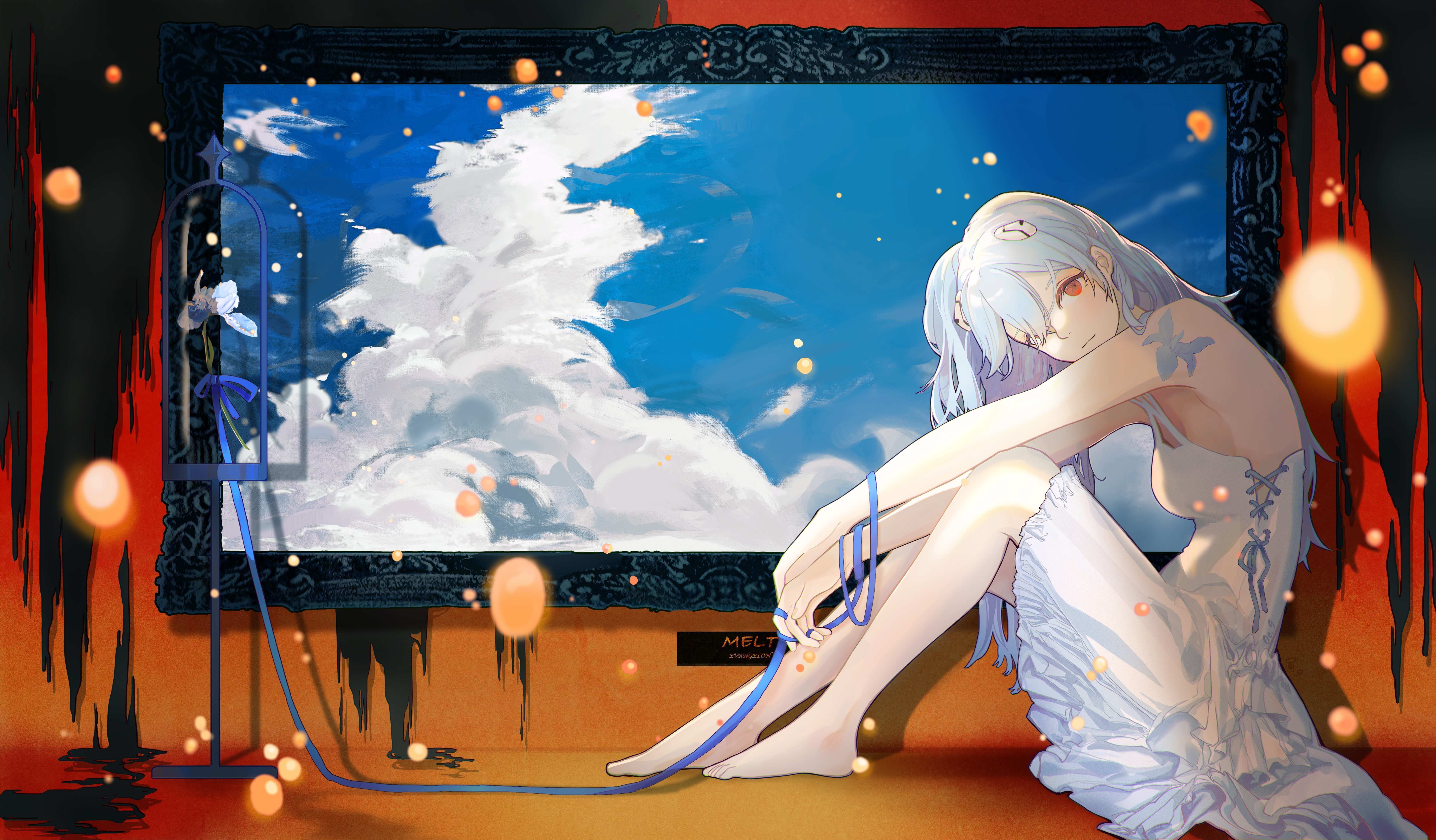 Ayanami Rei in a white dress with blue hair HD Wallpaper