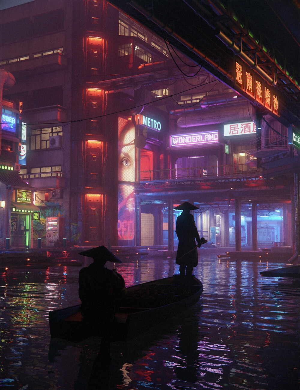 Cyberpunk city canal with neon lights and boats HD Phone Wallpaper