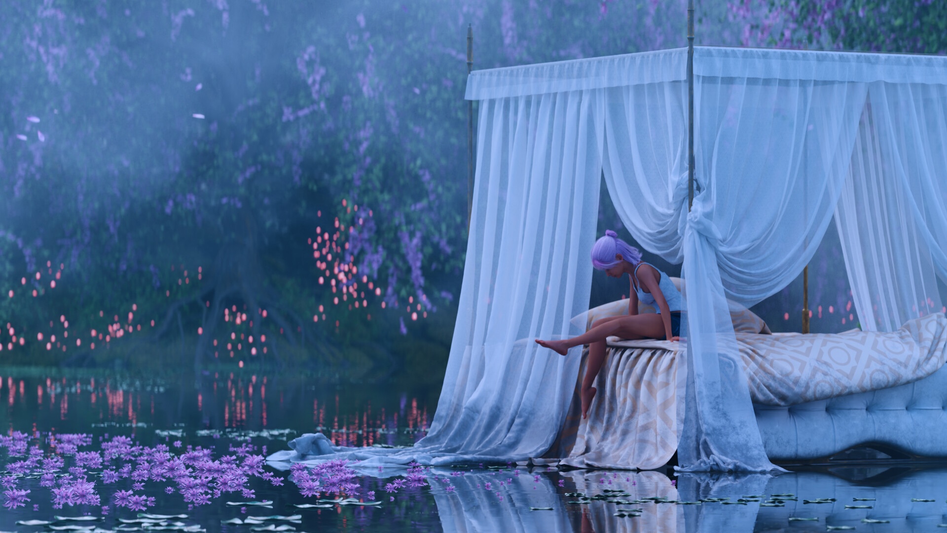 Fantasy girl on a bed by the water HD Wallpaper