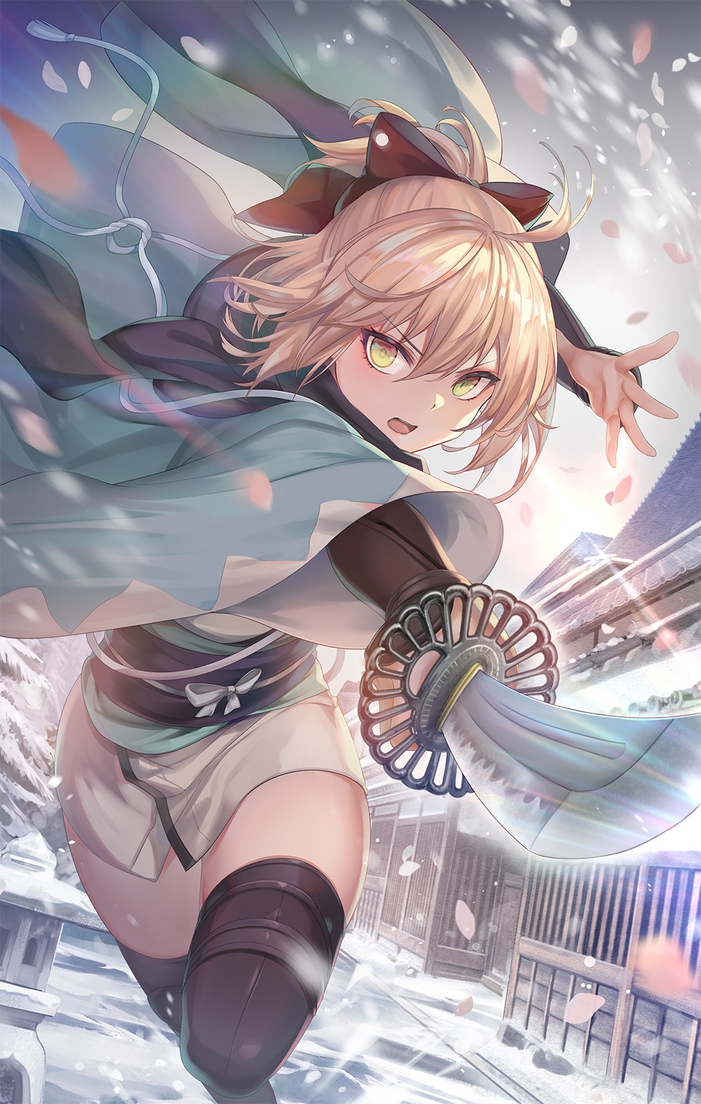 Okita Souji in a Snowy Japanese Village with Petals HD Phone Wallpaper
