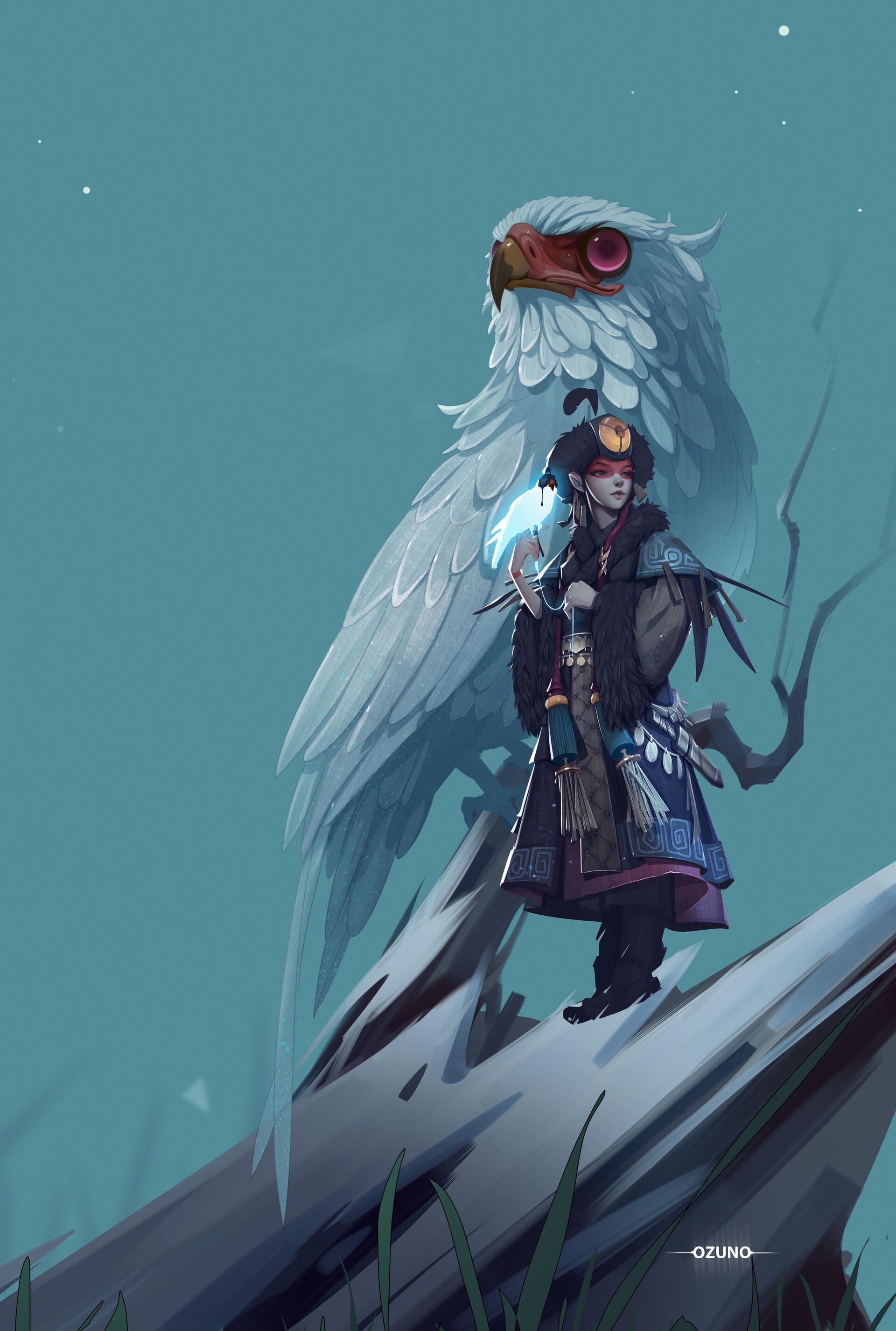 Huy Ozuno's artwork of a hunter with an eagle HD Phone Wallpaper