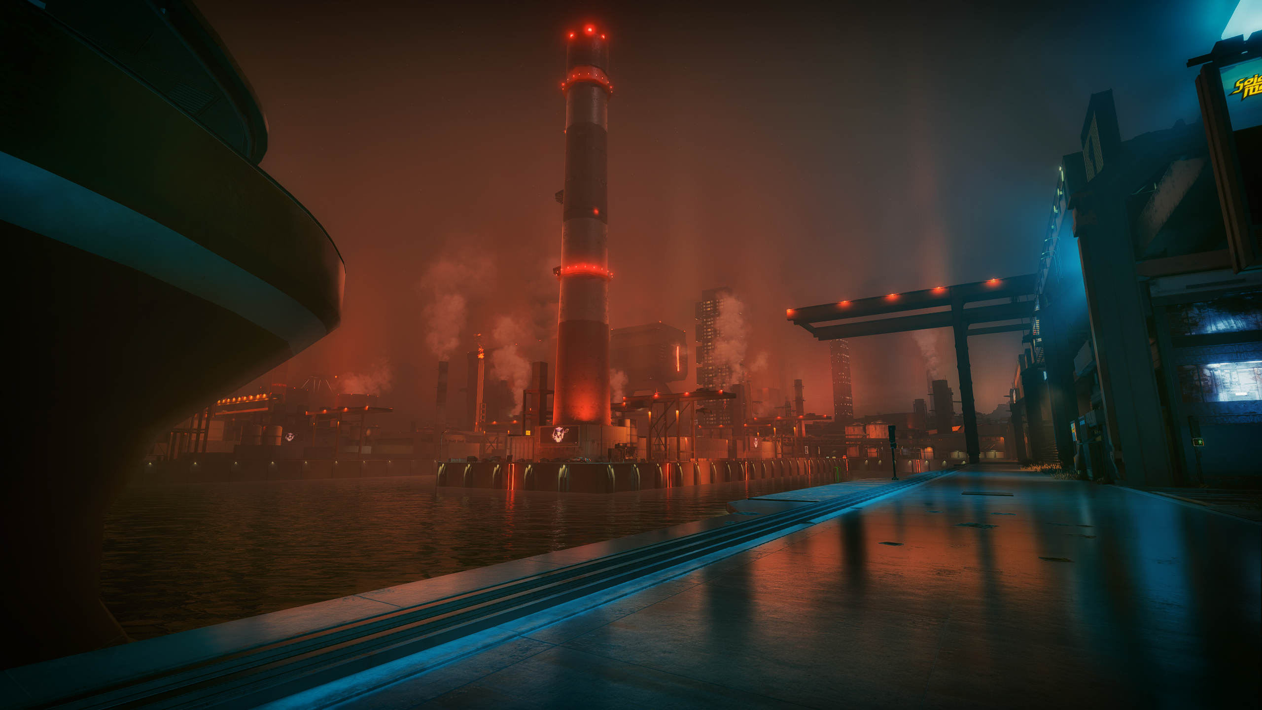 Cyberpunk 2077 industrial port with ship and factory HD Wallpaper