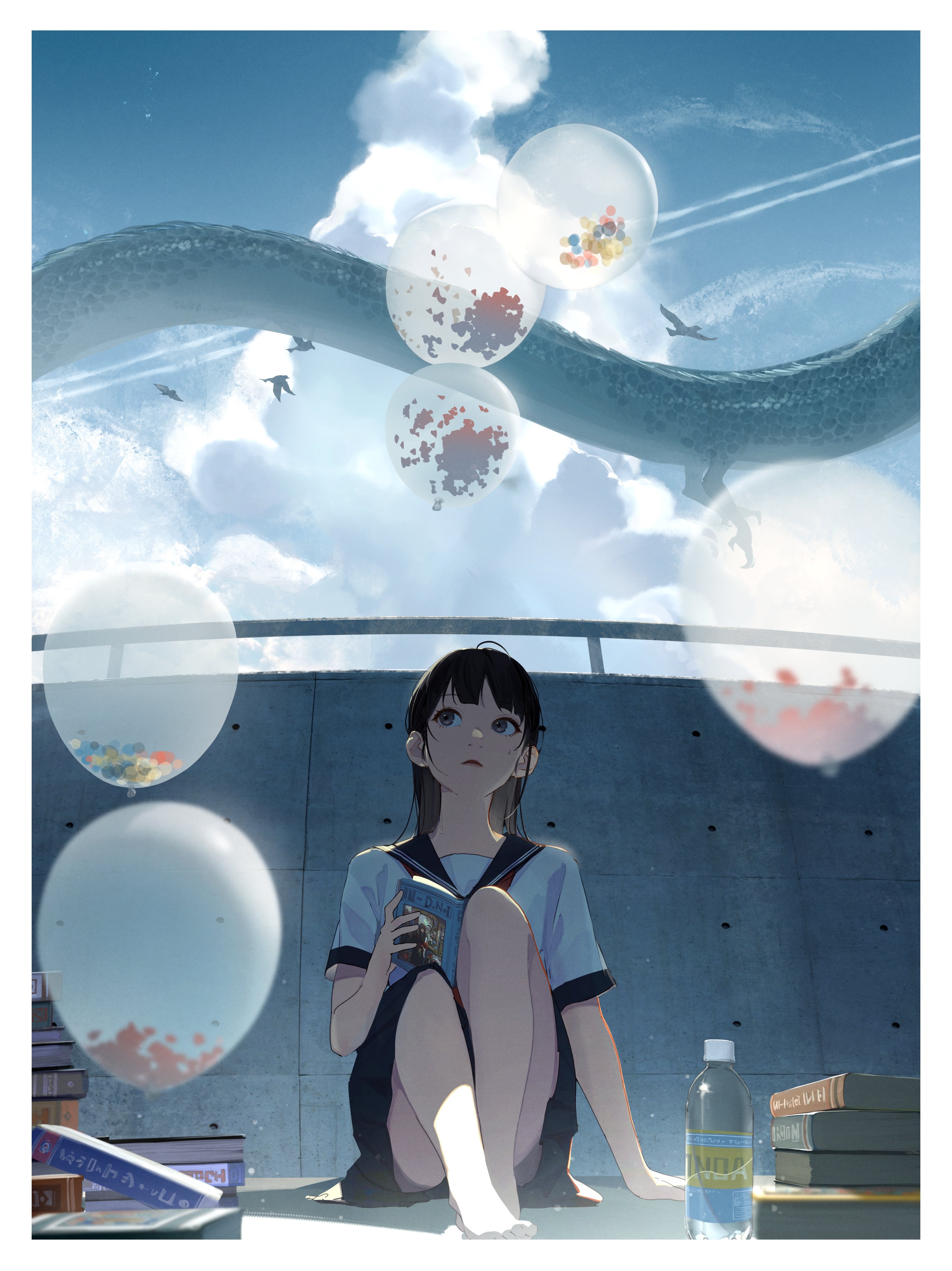 Schoolgirl reading a book with balloons and a dragon HD Phone Wallpaper