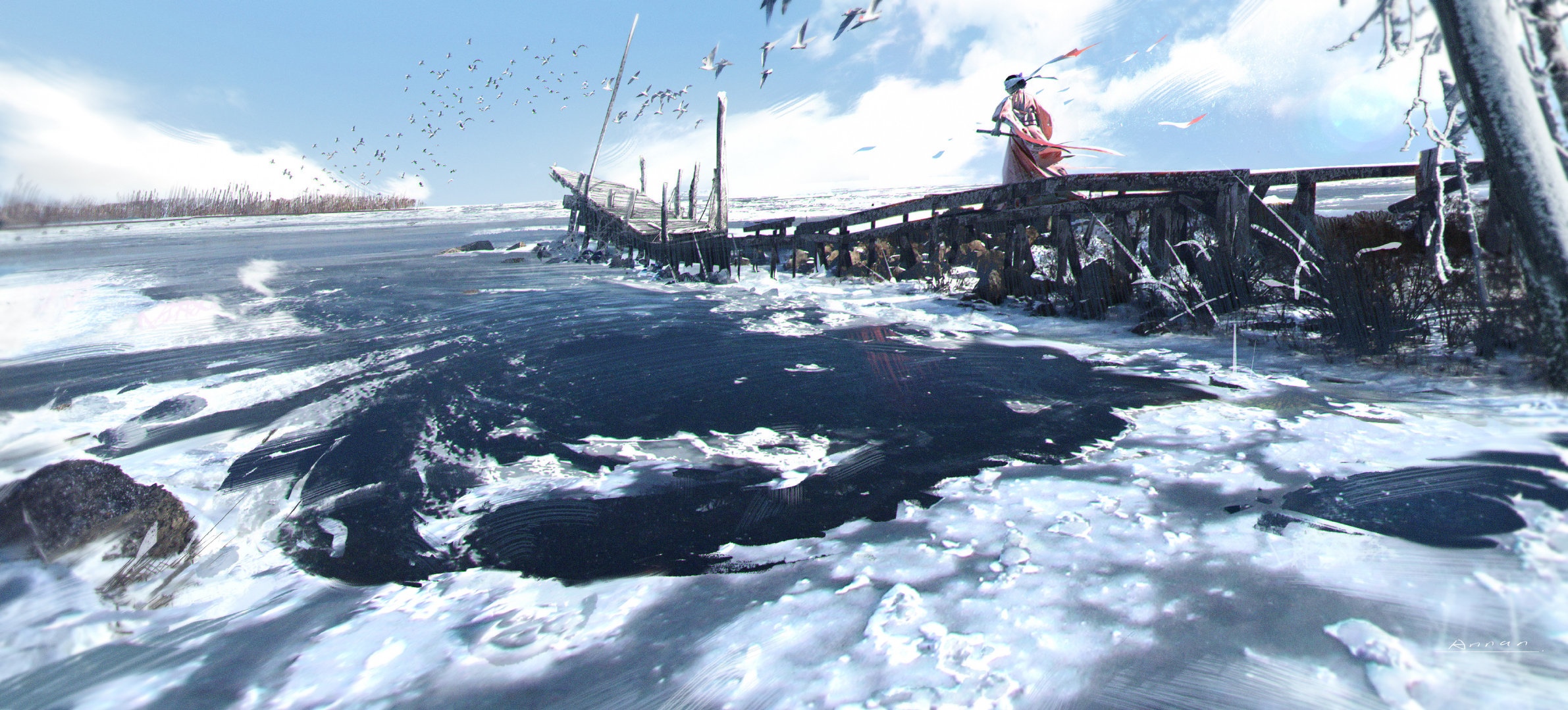 Woman in red on a frozen pier with a boat and birds HD Wallpaper