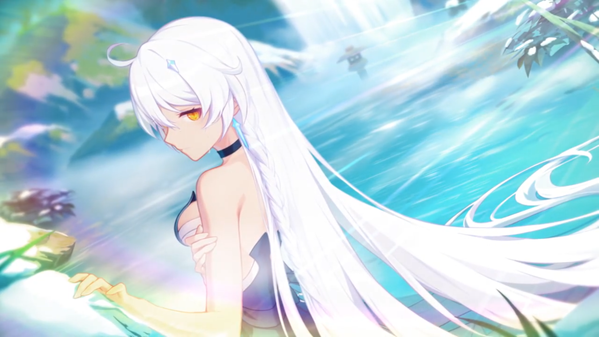 Anime girl with white hair in water HD Wallpaper
