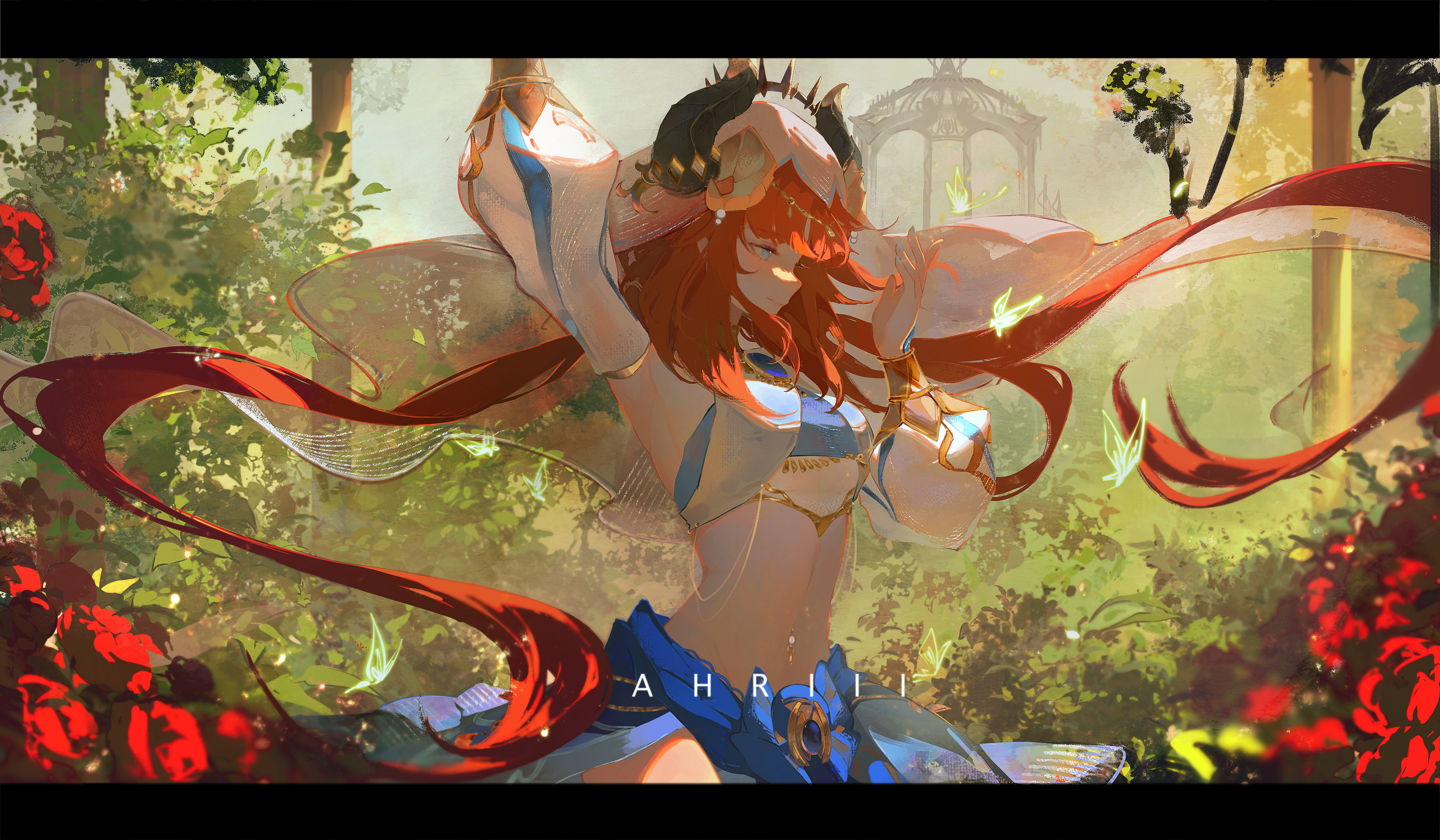 Ahri dancing in a rose garden with butterflies HD Wallpaper