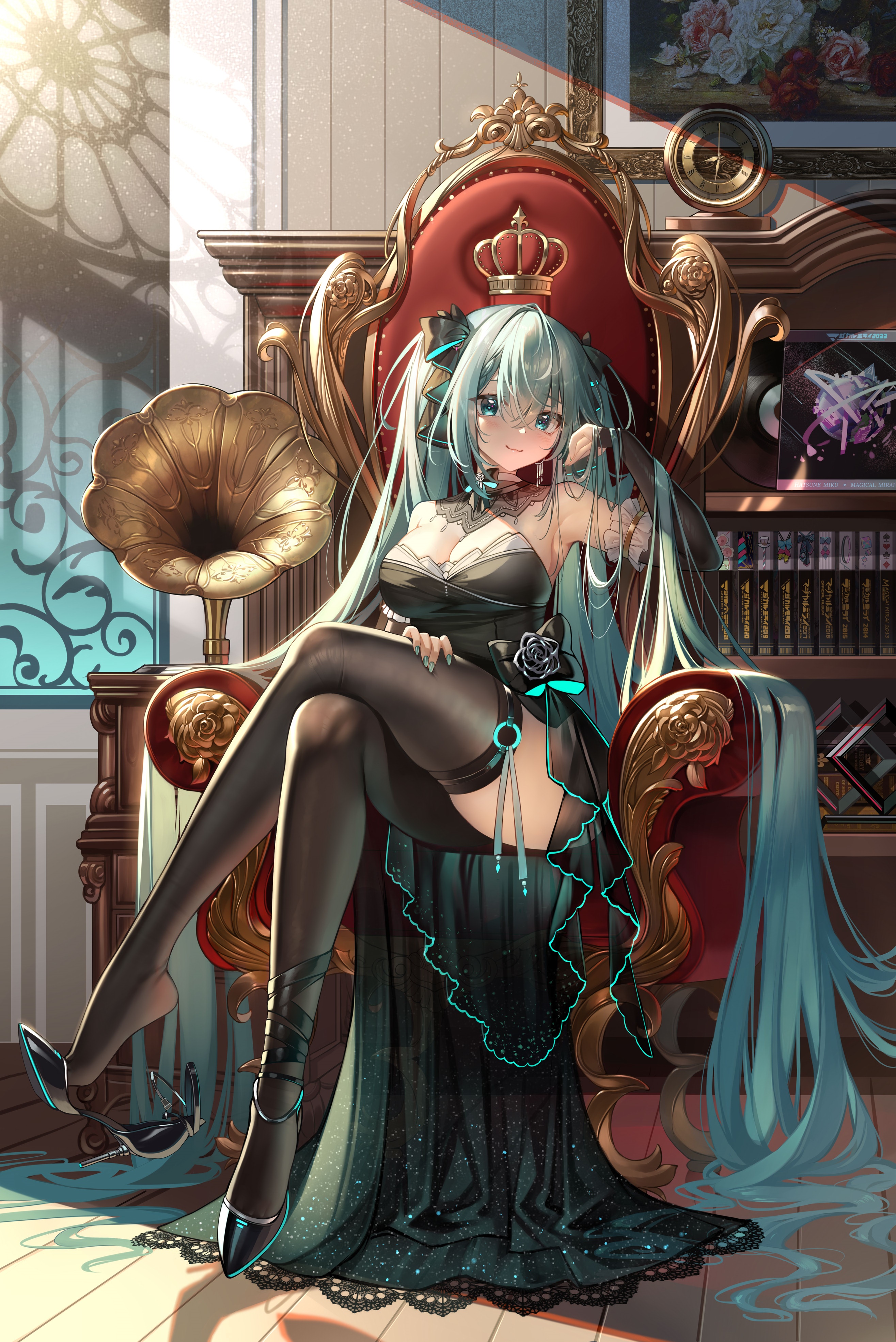 Hatsune Miku sitting on a throne in a luxurious room HD Phone Wallpaper