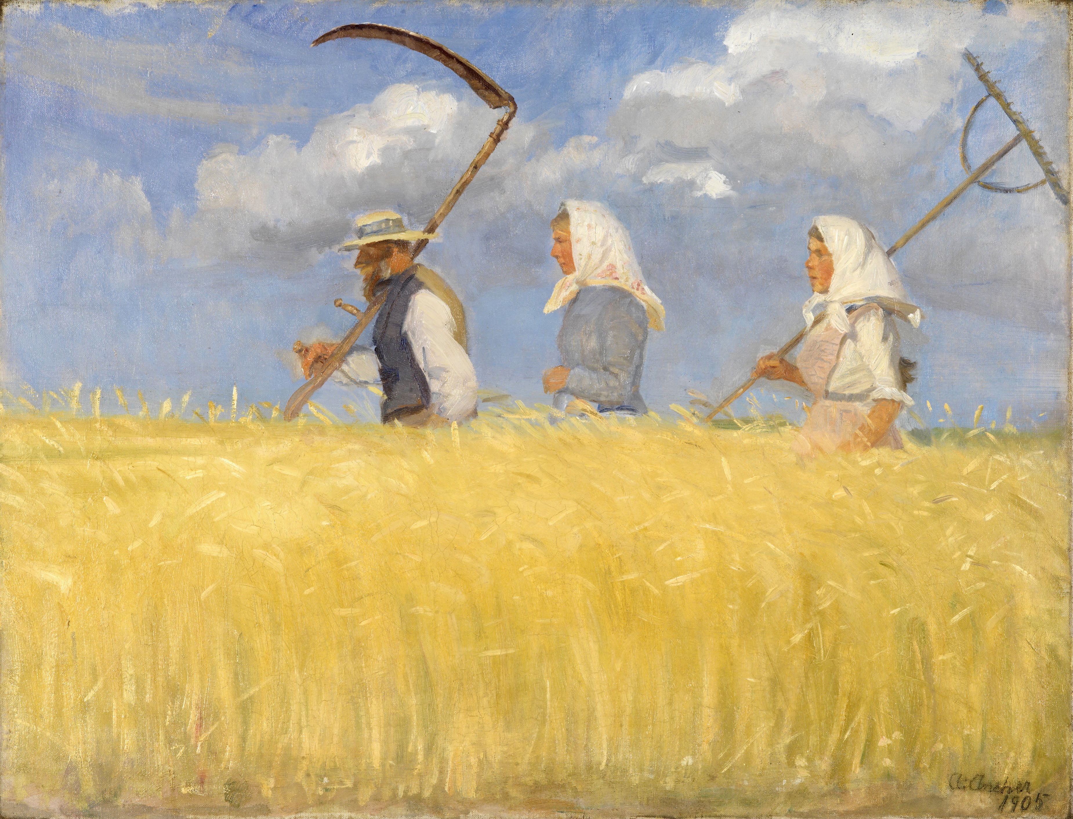Peasants with Scythe and Rake in a Wheat Field HD Wallpaper