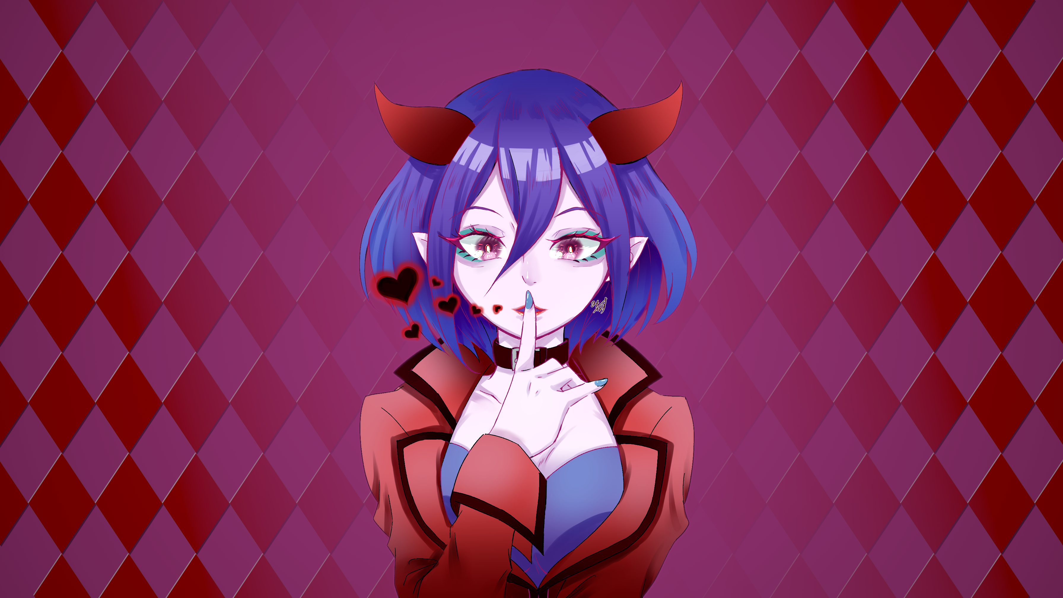 Demon girl with blue hair and red horns HD Wallpaper