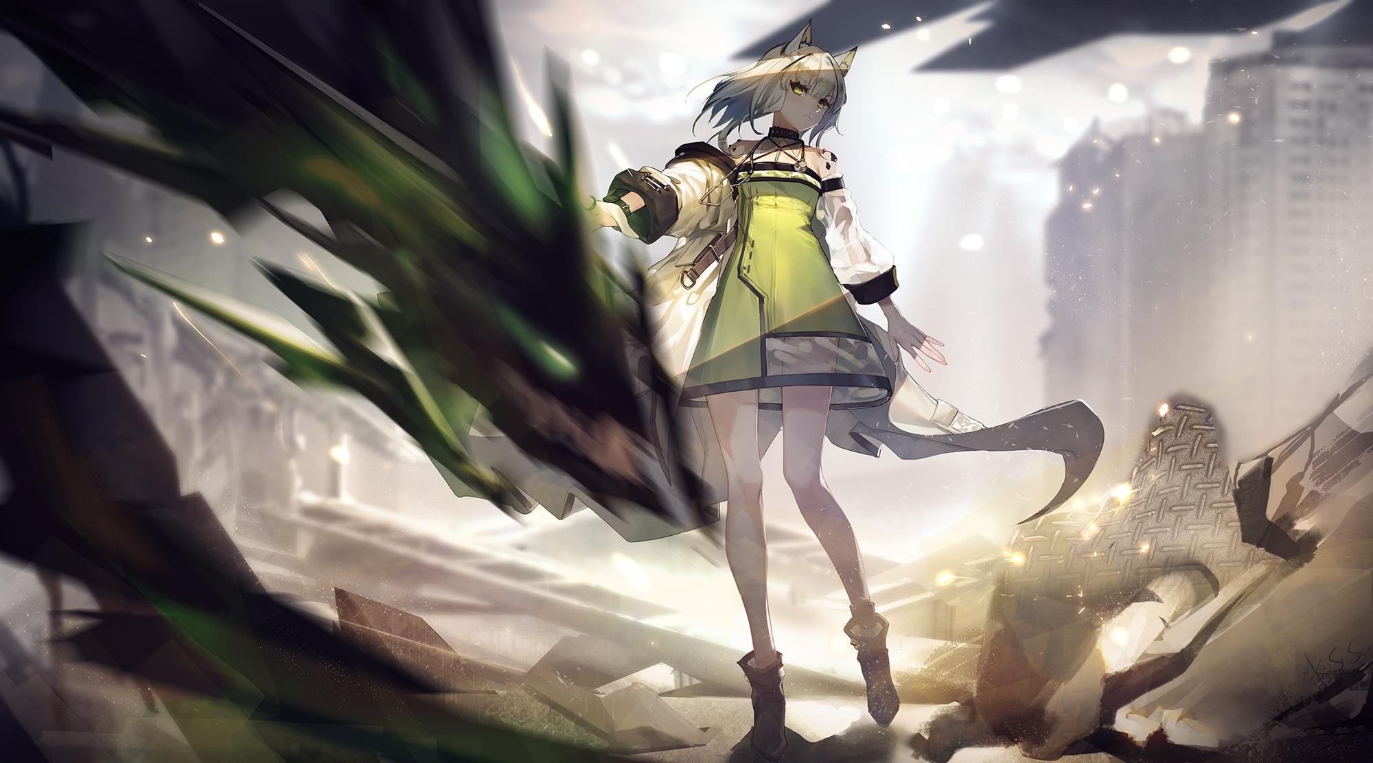 Arknights anime girl with animal ears and green eyes HD Wallpaper