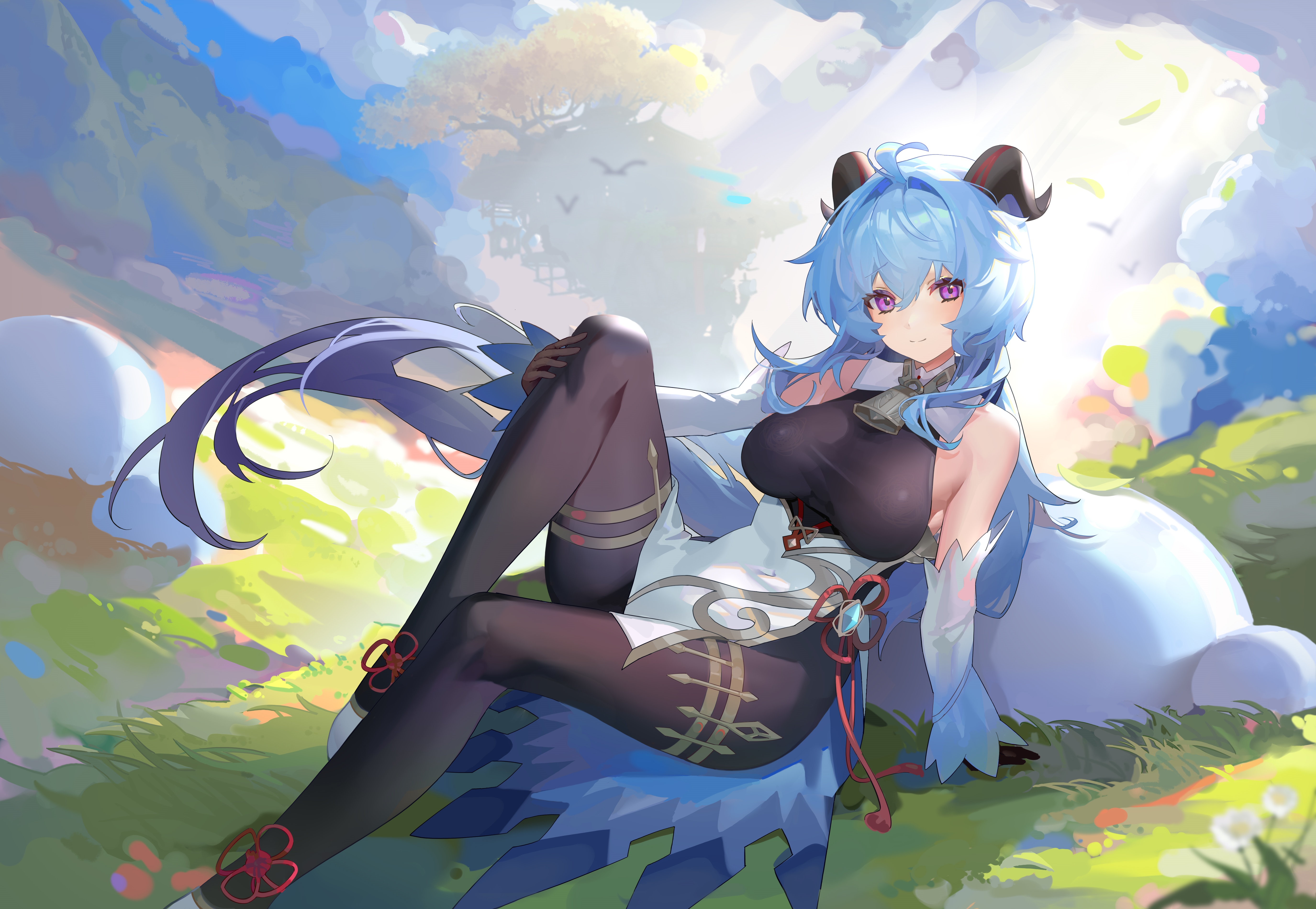 Genshin Impact Ganyu with blue hair and horns HD Wallpaper