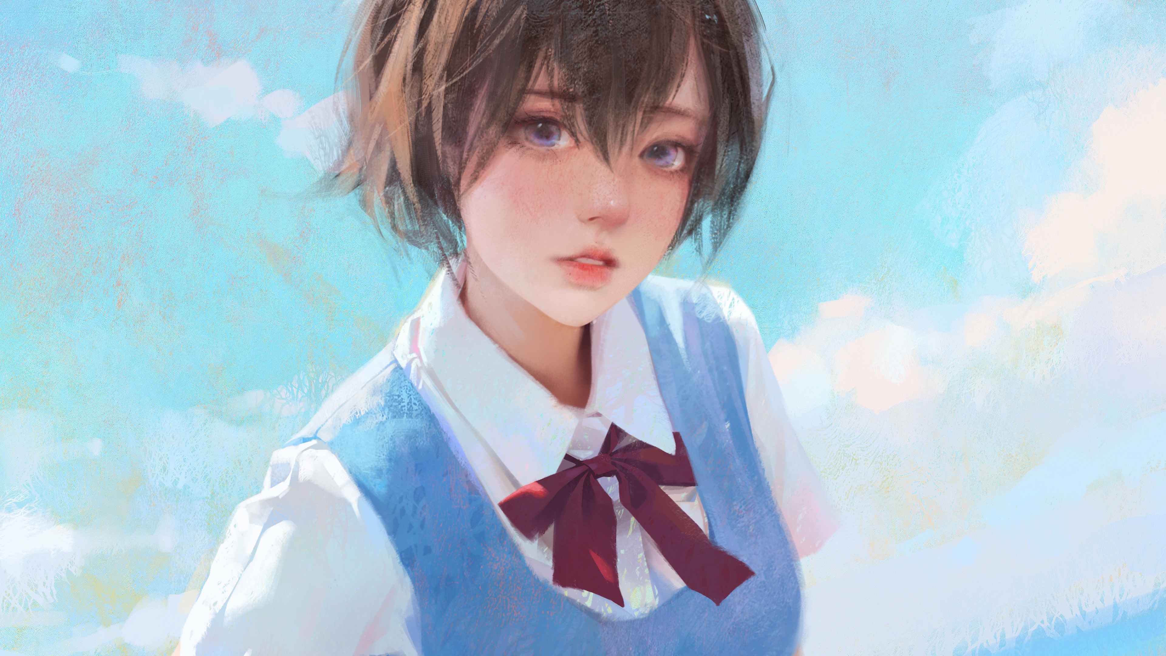 4K oil painting of a girl in uniform with a tie HD Wallpaper