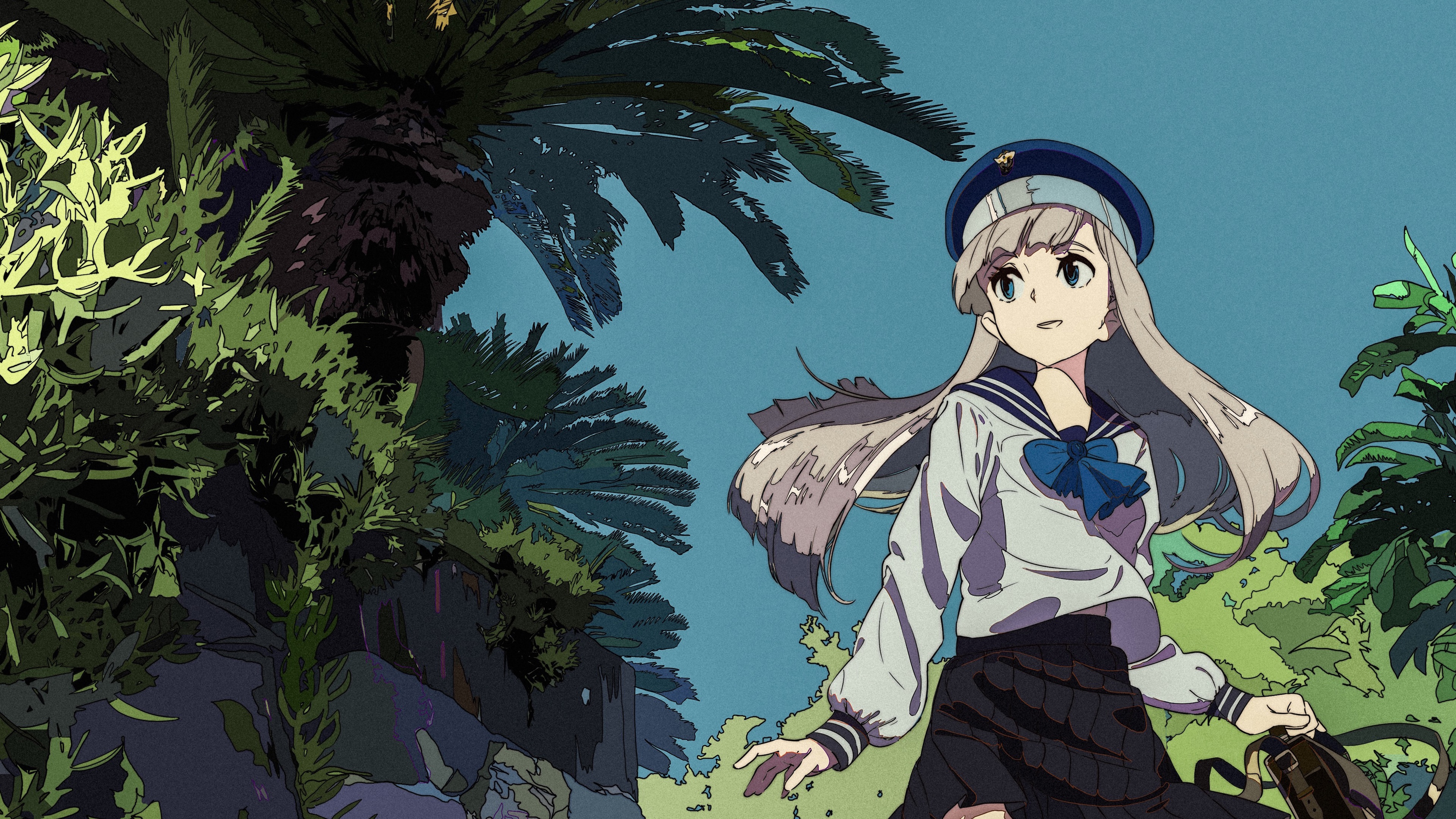Schoolgirl in uniform with hat and backpack HD Wallpaper