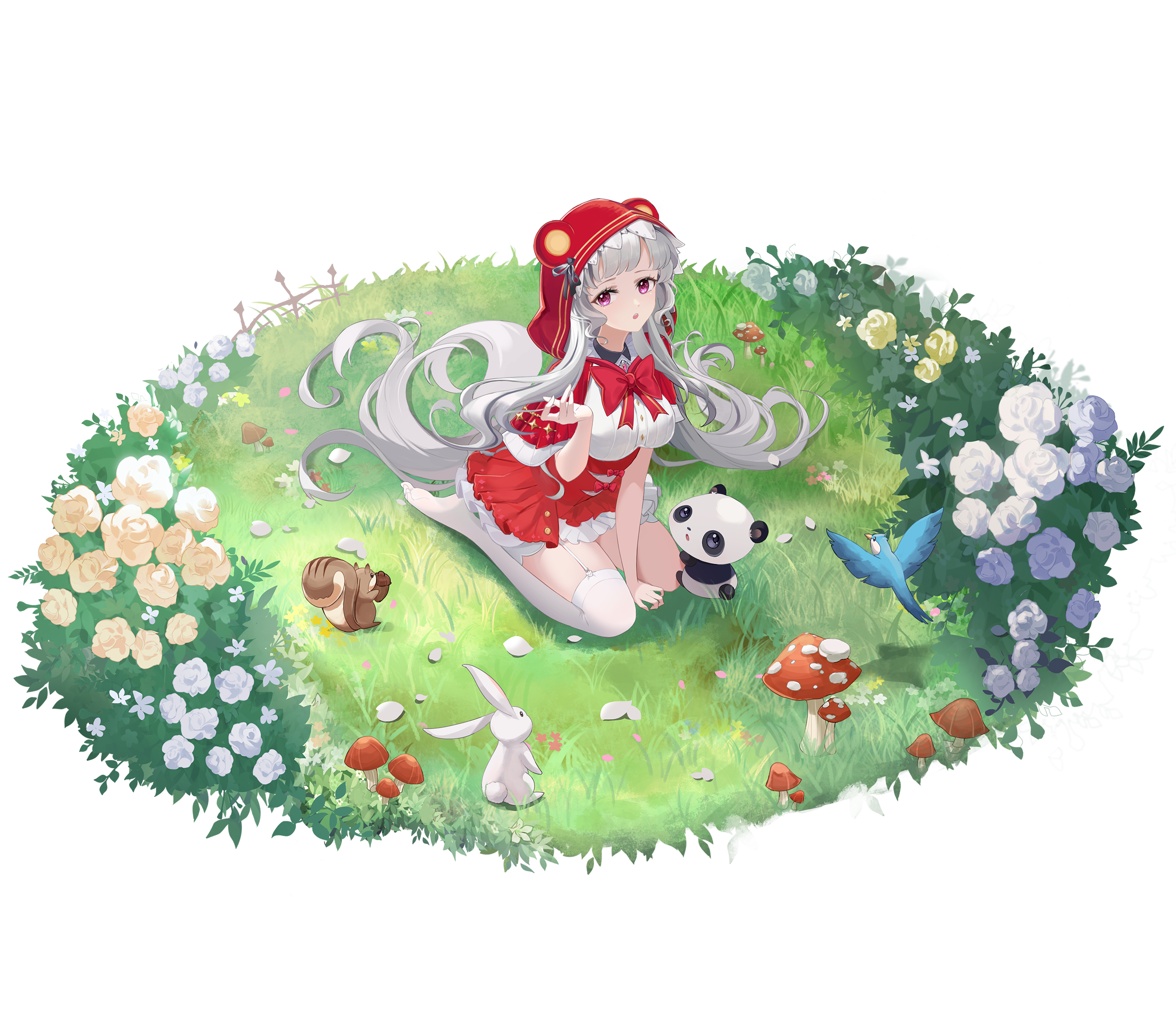 Girl in red with animals and flowers HD Wallpaper