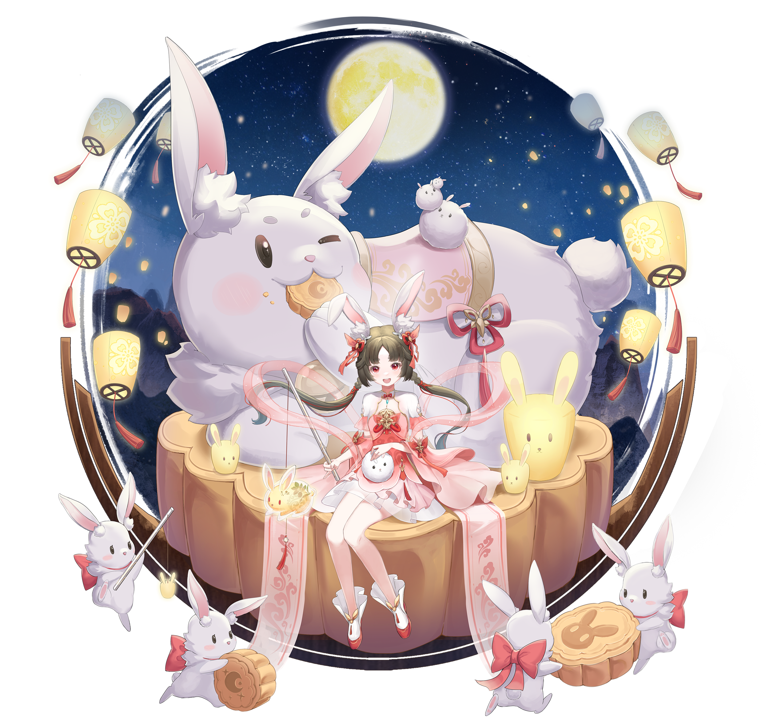 Girl with Rabbits and Mooncakes under the Moon HD Wallpaper